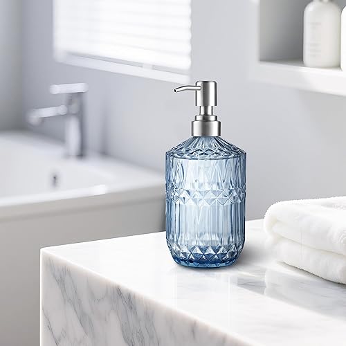 Miniatura 4 de Kaishun Dispensador de jabón recargable de 13 onzas, dispensador de jabón de vidrio para dispensar jabón de manos, jabón para platos, loción (azul)