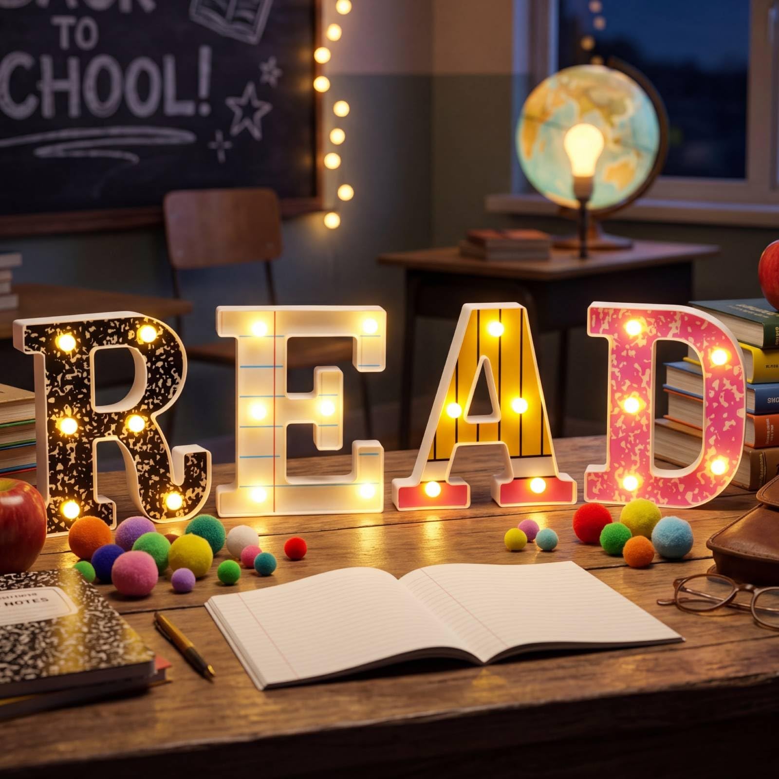 Yaomiao 4 decorazioni per angoli di lettura per aule letture marquee LED lettere segni composizione notebook matita lettere decorazione da parete biblioteca angolo decorazione per aule elementari