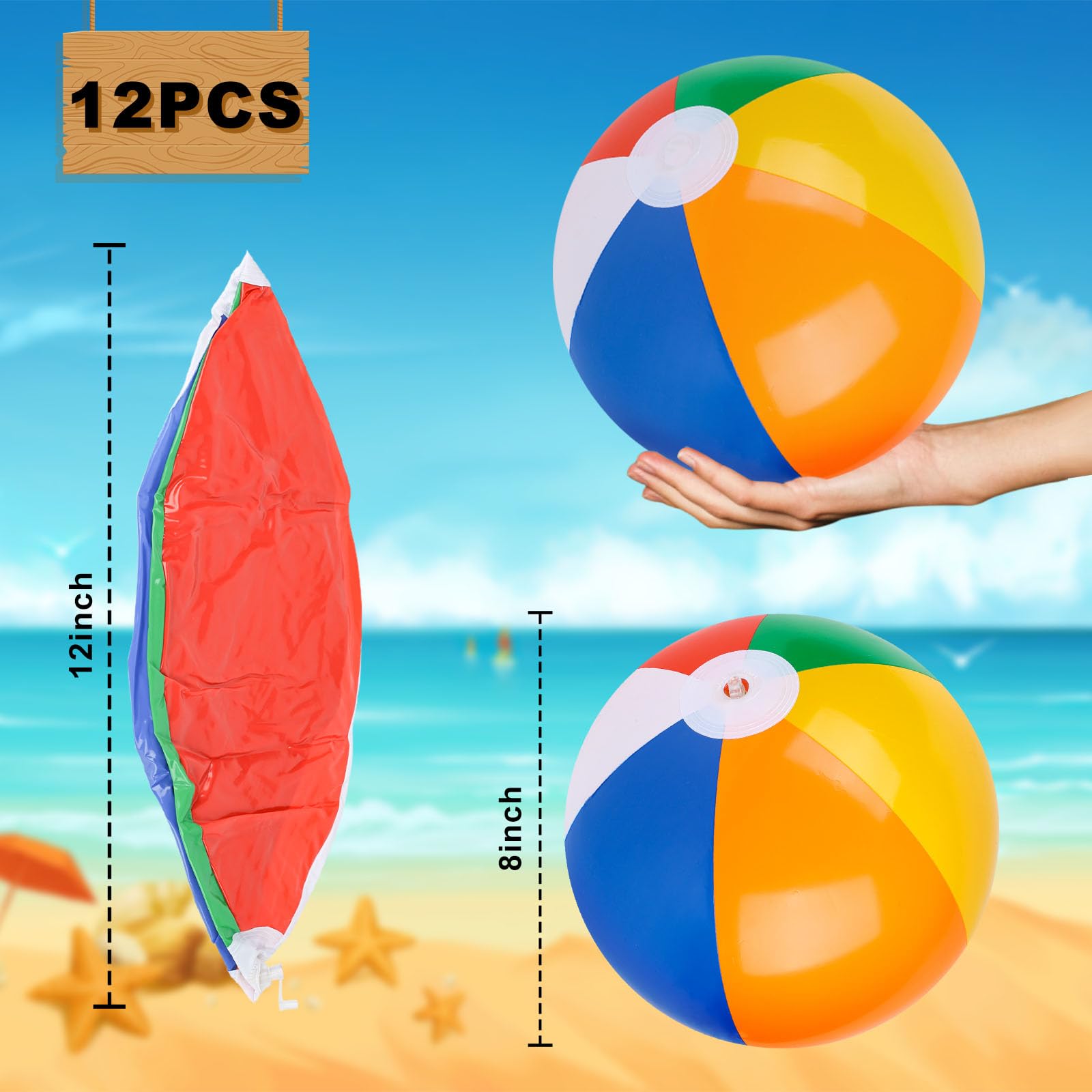 Paquete de 12 bolas de playa, juguetes inflables de piscina de 8 pulgadas para playa, verano, natación, fiestas 6