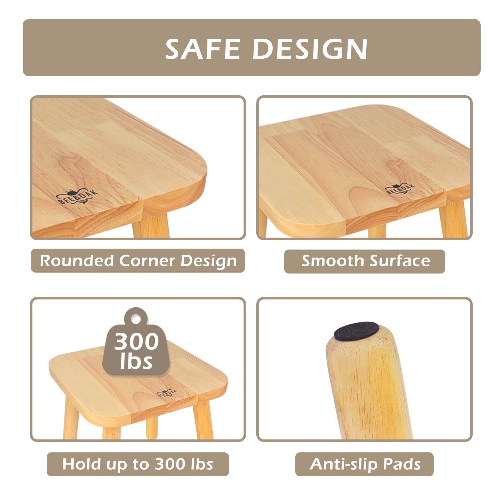 BEE&OAK Wooden Step Stools for Kids and Adults, Solid Rubber Wood Non-Slip Step Foot Stool, Heavy Duty 300 lbs One Step Stool for Bedroom, Bathroom, Kitchen (Pink, 9.25" (D) x 9.25"(W) x 8.86"(H)): Natural 11" (D) x 11"(W) x 11.8"(H)