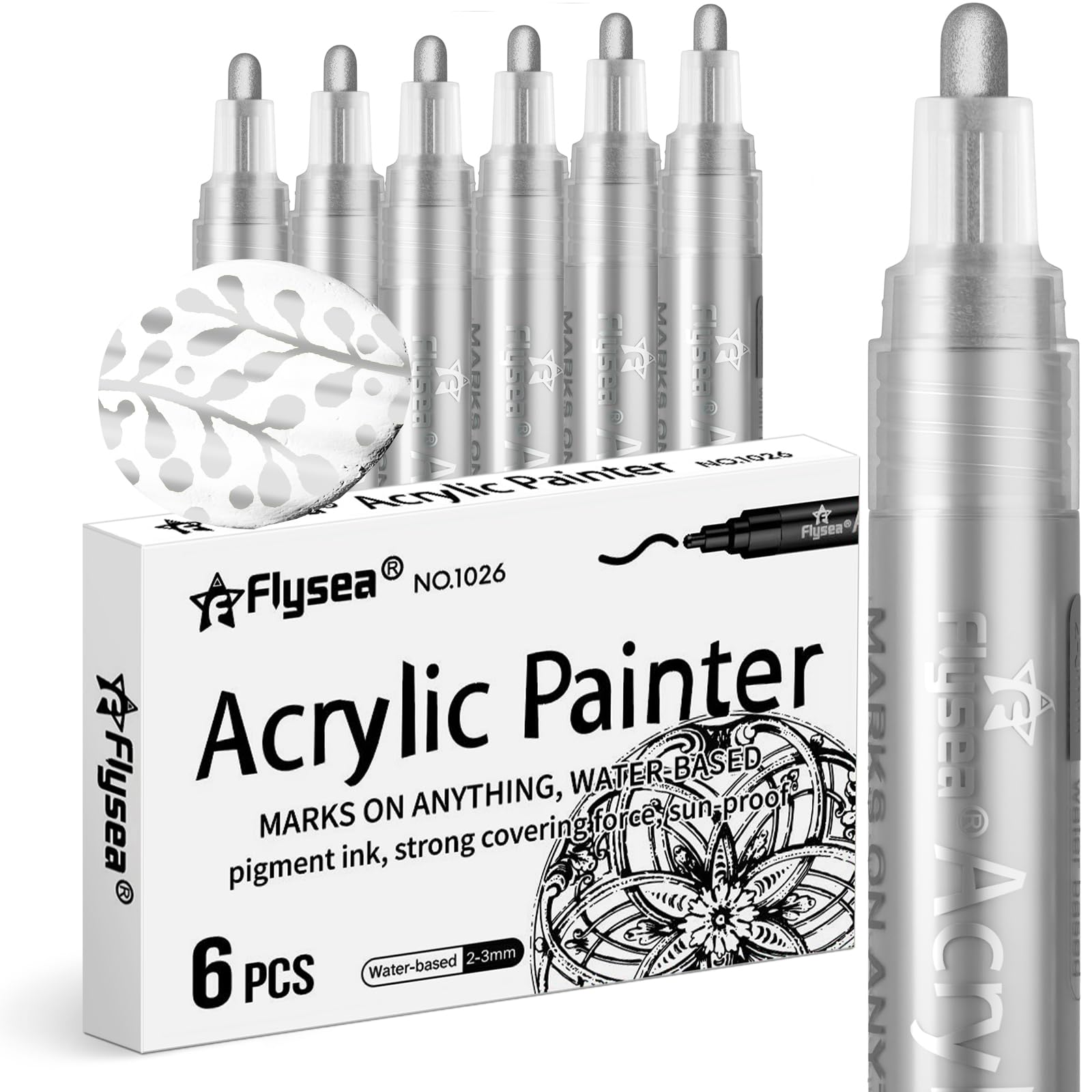 Alitastro Acrylic Paint Pens Waterproof Markers 6 Permanent Marker Pens Acrylic Pens for Rock Painting Glass Stone Ceramic Metal Fabric Pebble Painting pens Craft Supplies (Silver, Medium Tip)