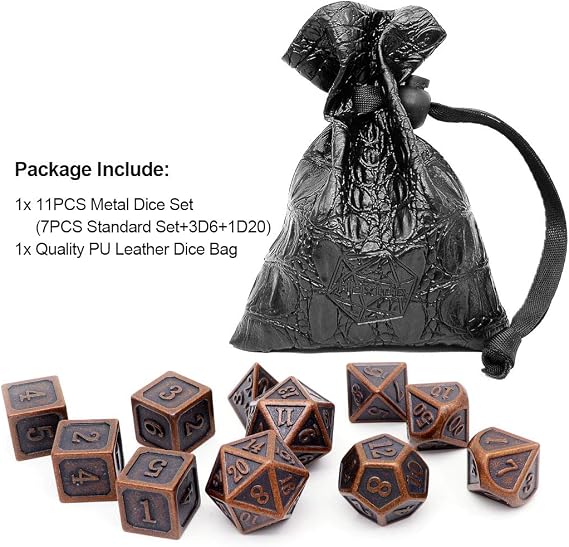 Haxtec 11PCS Metal DND Dice Set D&D Extra D6 D20 Compatible with Dungeons and Dragons TTRPG Games-Antique Copper 11PCS