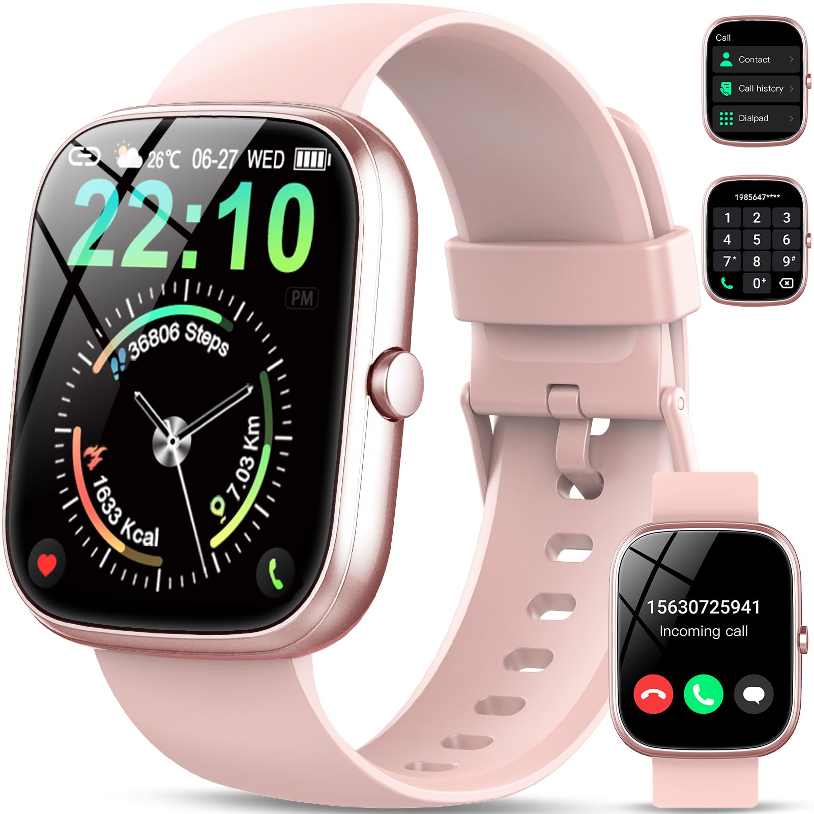 Smartwatch Uomo Donna, 1.91" Orologio Smartwatch con Effettua/Risposta Chiamate 110+ Sportive Smart Watch con Sonno/Cardiofrequenzimetro/Contapassi, Impermeabile IP68, Fitness Tracker per Android Rosa