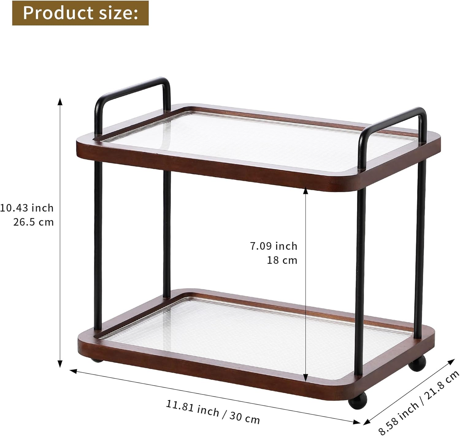 2-Tier Bathroom Counter Organizer with Transparent Stripe Acrylic Shelves, Brown Wood Frame and Black Metal Support, Rustproof Vanity Storage Rack for Skincare Cosmetics and Toiletries