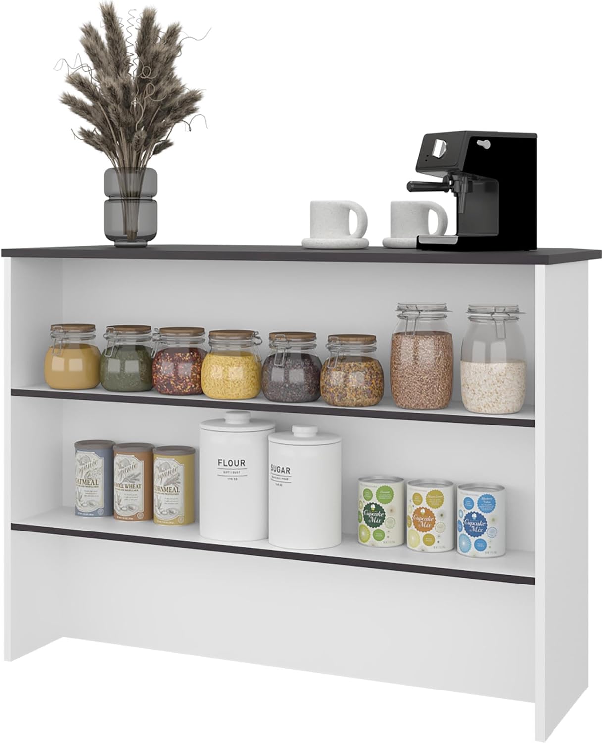 FM FURNITURE Central Kitchen Island Spacious Storage White Black Engineered Wood