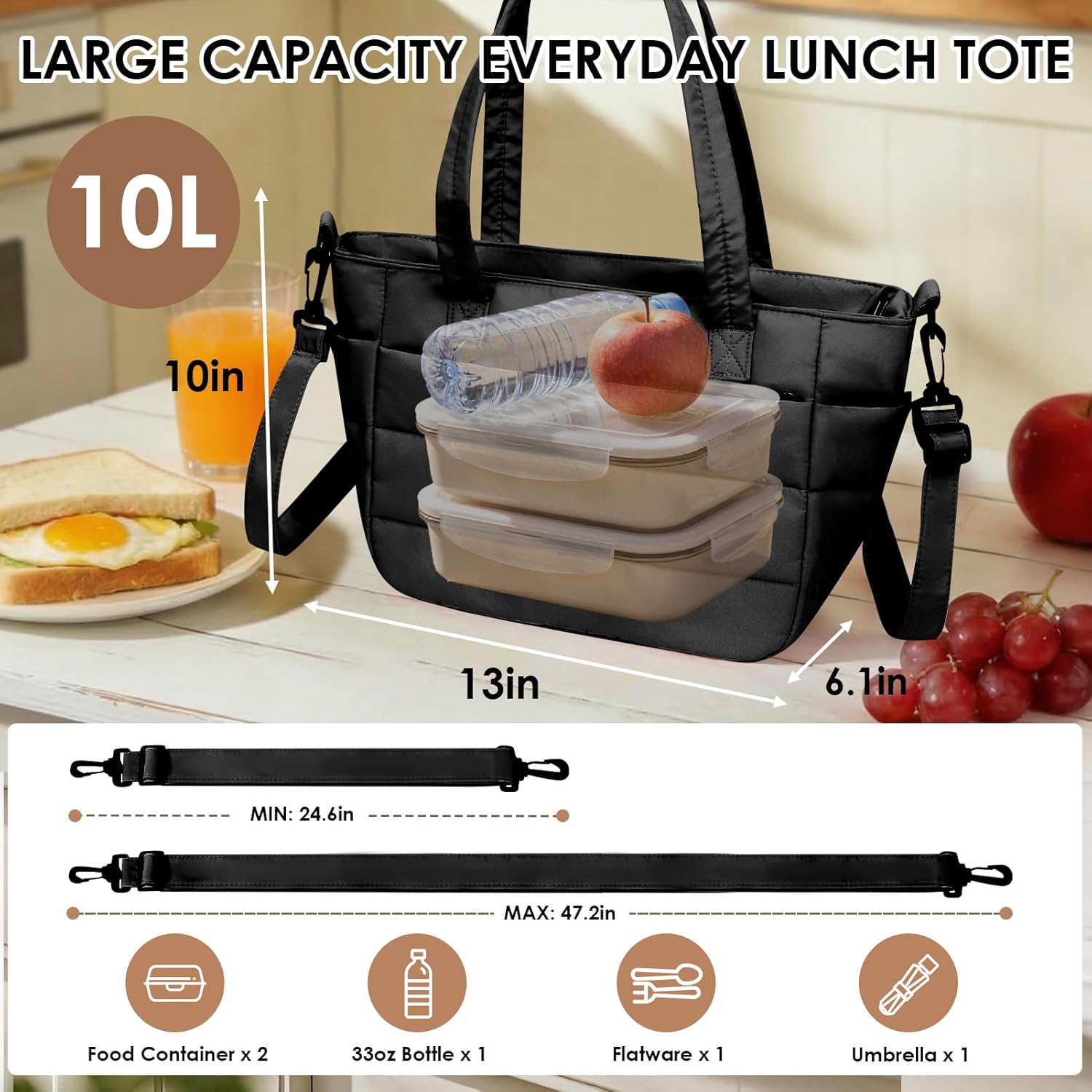Wdmiya Insulated Lunch Bag for Women, Quilted Lightweight Puffer Tote Bag with Lunch Compartment & Cup Holder, Soft Reusable Lunch Box for Adults Work, Travel, Camping, Picnic, Outdoor, Black