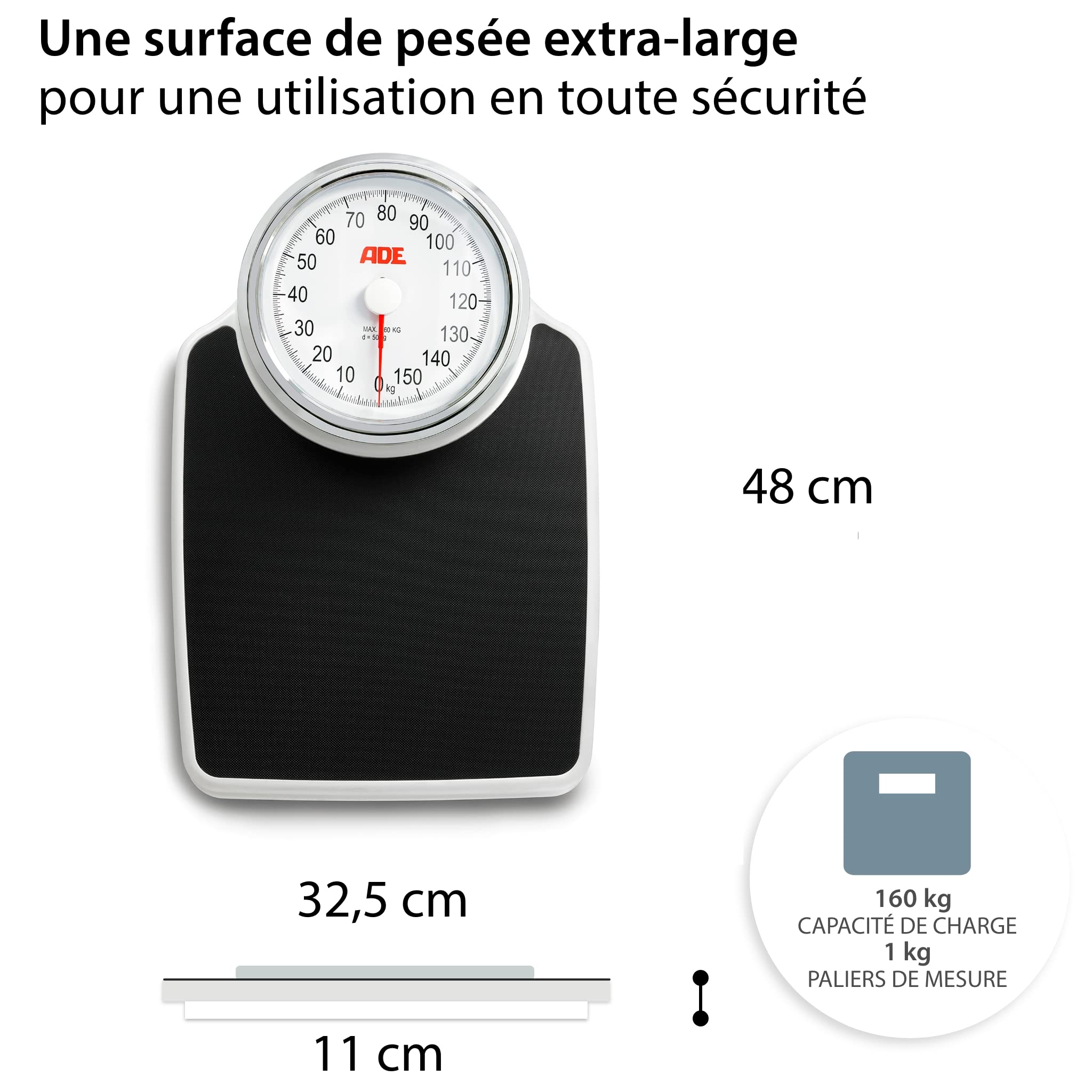 ADE Pèse-personne mécanique/analogique Clinica | XL particulièrement précis | Design classique du pèse-personne | Grande surface de pesée antidérapante | Look rétro