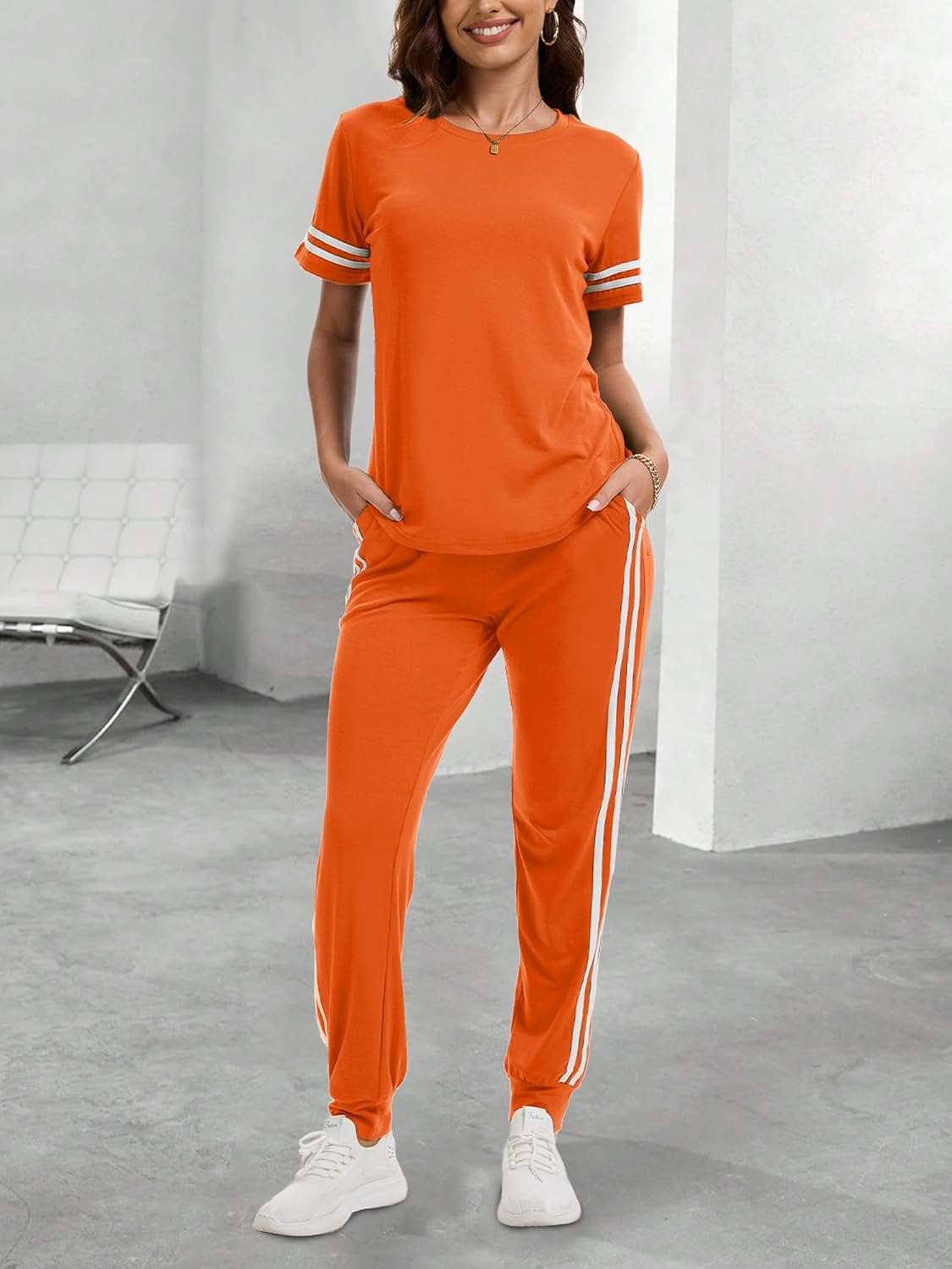 KBKBSN Women 2 Piece Outfits Summer Set Striped Short Sleeve Sweatsuits Crew Neck Pullover Lounge Tracksuit with Pocket Orange XL - Image 2