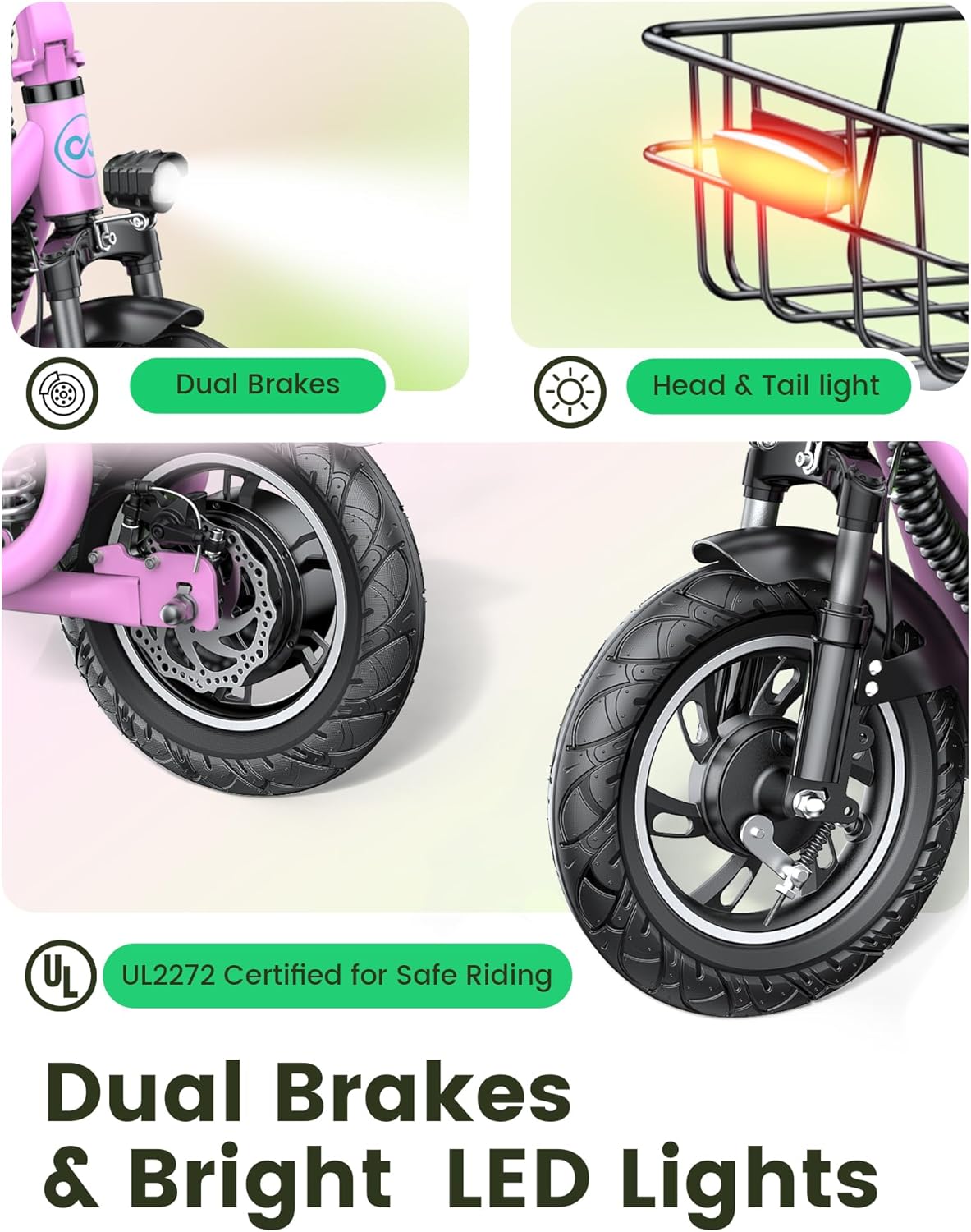 Close-up of the Gyroor C1Pro electric scooter's dual brakes and bright LED head and tail lights, highlighting safety features and UL2272 certification.