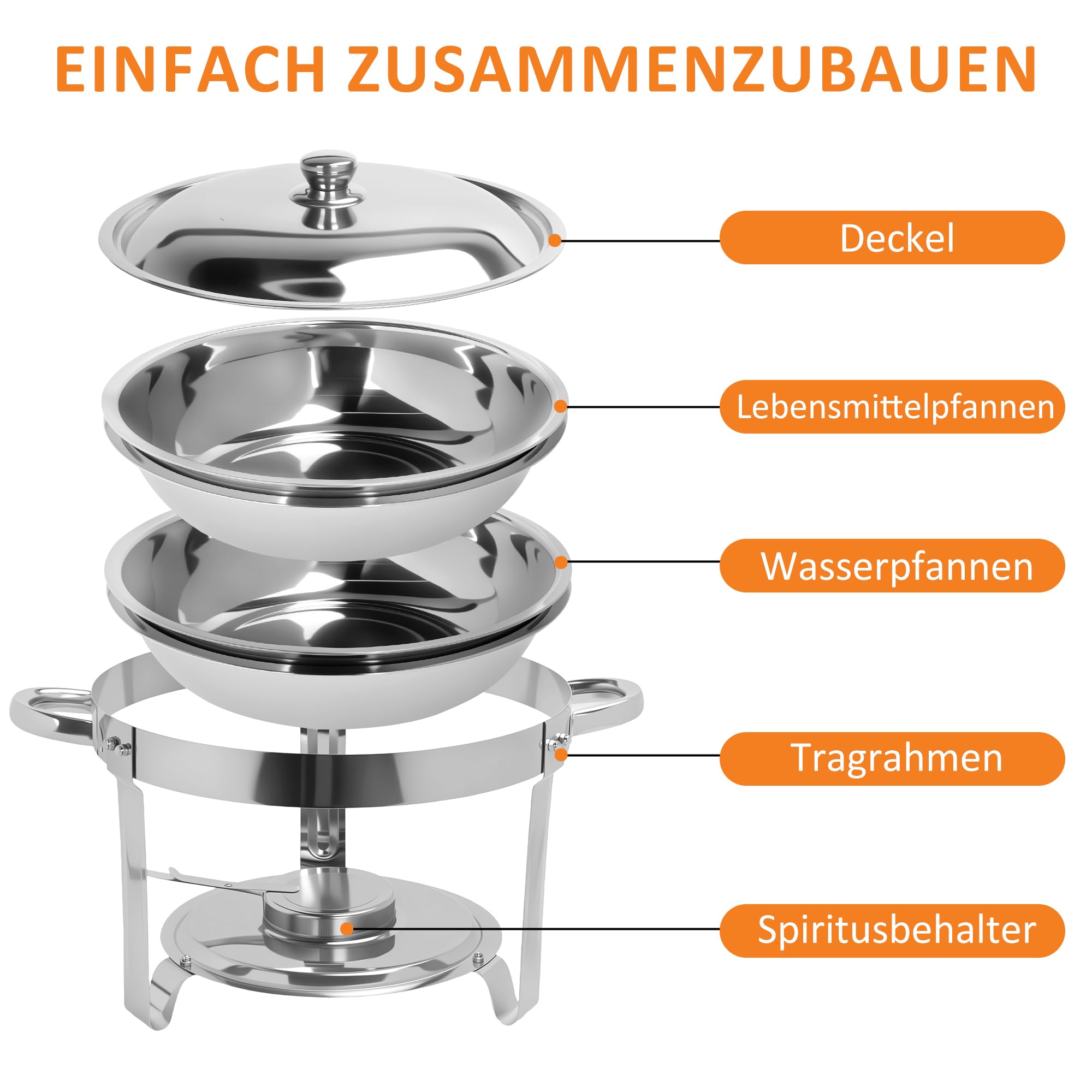 5L Chafing Dish Set 4er Pack, Edelstahl Warmhaltebehälter Essen, Speisenwärmer mit Rollrand-Design für Catering, Buffet und Party