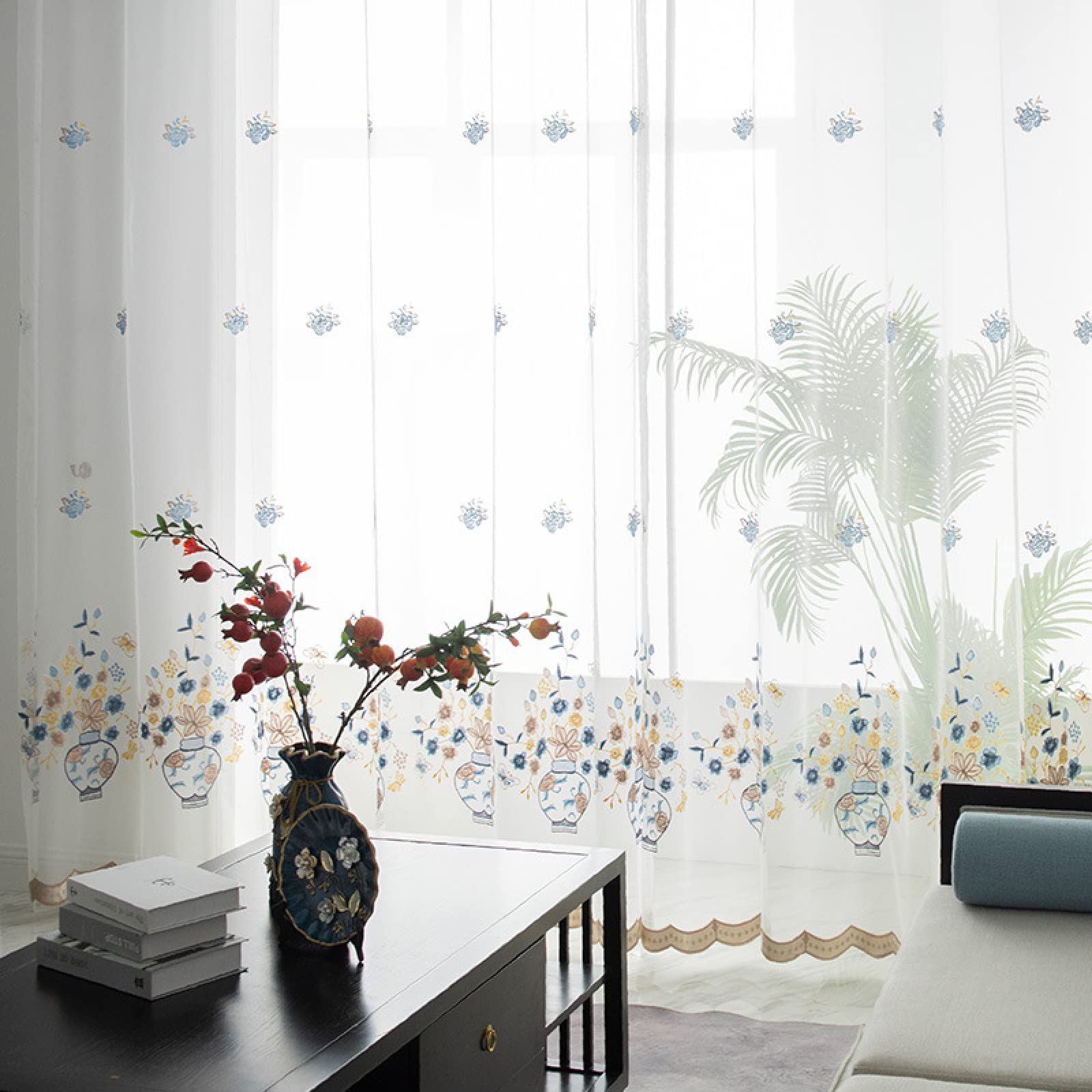 2 Piezas Cortinas Salon Modernas Visillos Poliéster Visillo semitraslúcido con Ollaos para Casa Decoracion Dormitorio, Salón o Habitación - 229 x 274cm(An x Al) florero Azul