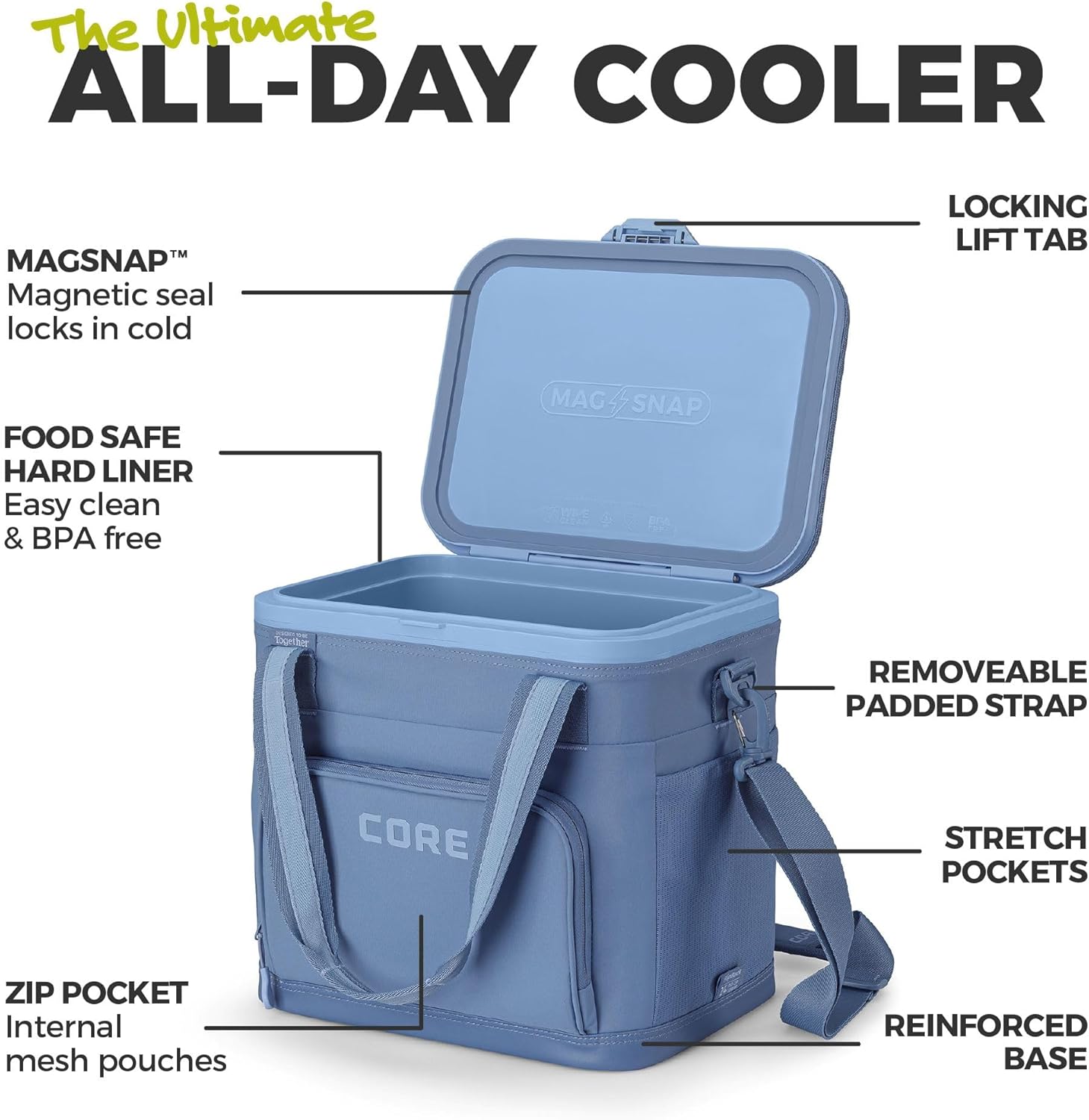 CORE Magnetic Zipperless 24 Can Soft Cooler | Insulated HardBody Liner Ice Chest Box | Best Portable Soft Cooler for Food & Beverages for Tailgating, Car Camping, and Family Beach Picnics