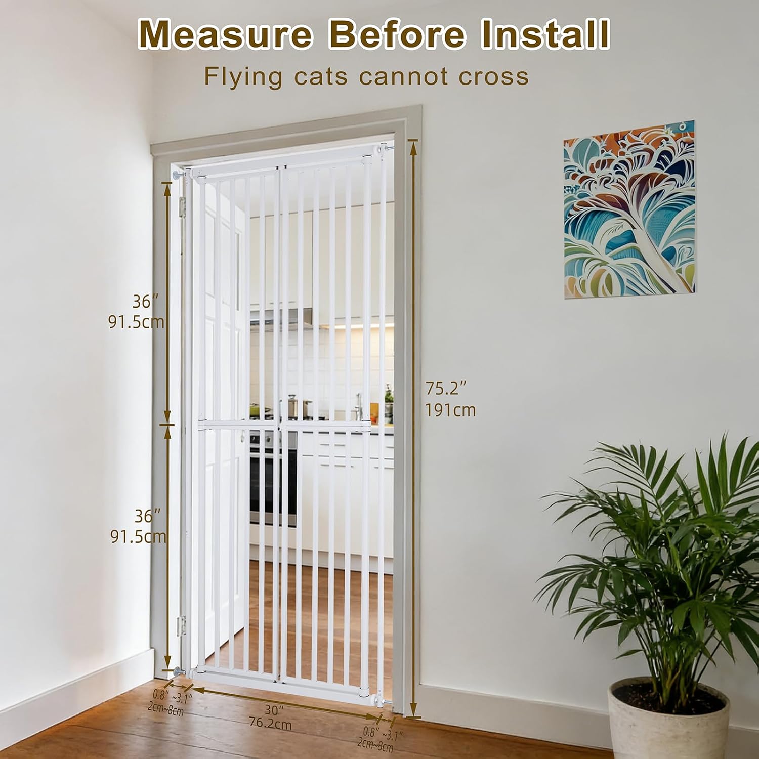Extra Tall Cat Gate for Doorway – 75.2“ Pressure-Mounted Transparent Cat Gate for Pets, Fits 30”-36" Width, No Wall Drilling, Ideal for Stairs, Hallway, Indoor Safety Barrier