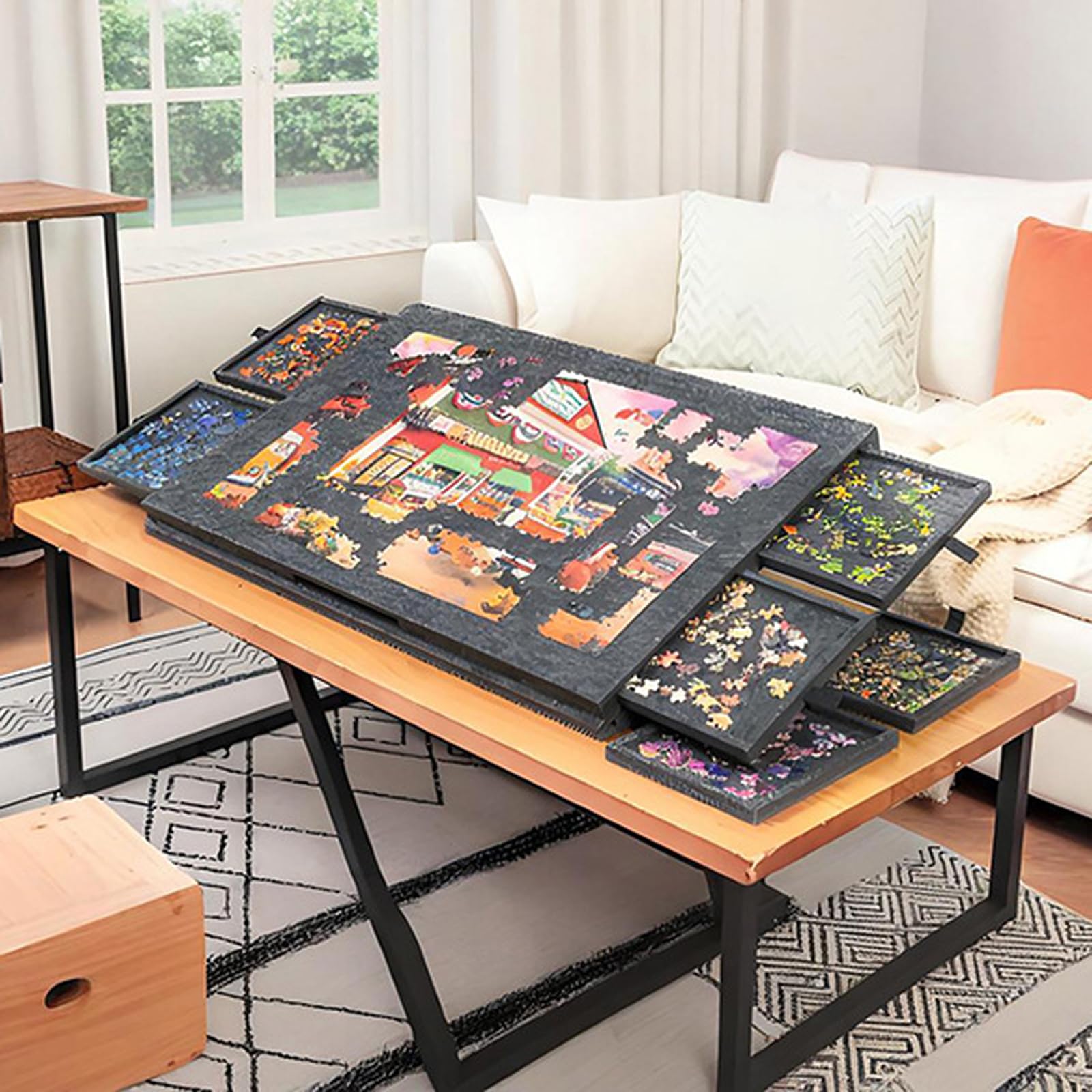 Mesa de Rompecabezas Plegable e inclinable de 1000 Piezas con 6 cajones de clasificación, Soporte y Cubierta 2 en 1, Mesa de Rompecabezas de Fieltro portátil para Almacenamiento de Rompecabezas Black