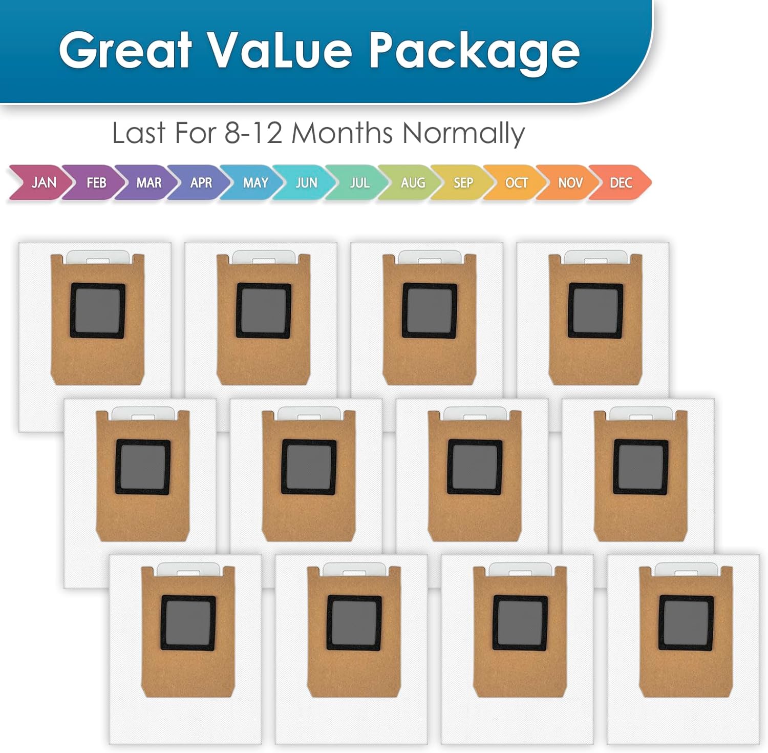 (12 Pack) E25 Replacement Dust Bags Compatible with Eufy Omni E28/ E25/ E35 Robot Vacuum, Accessories Kit, Large Capacity, Vacuum Bags, Canister Bags, Dirt Disposal Bag, Replacement Dust Bags