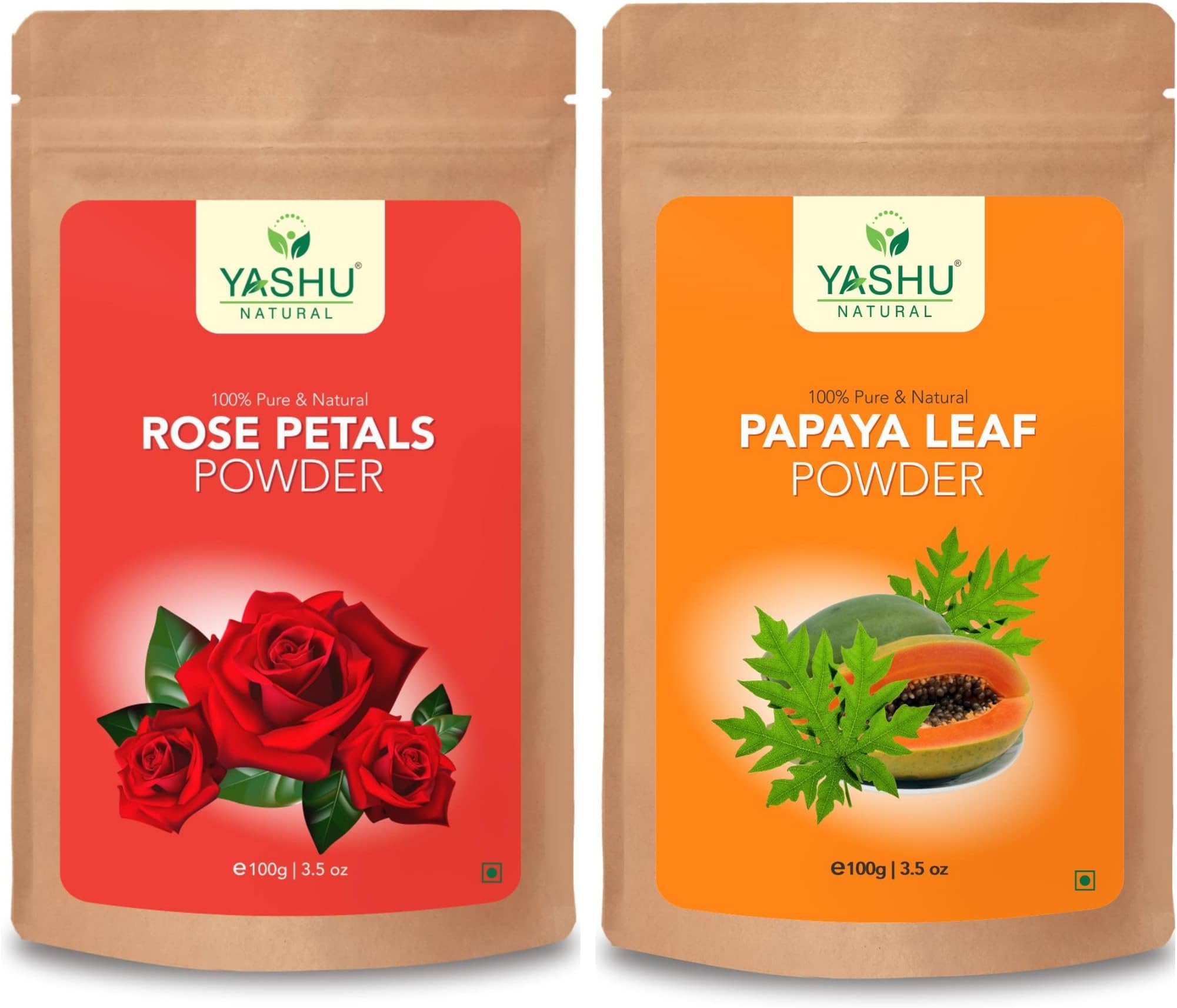 YASHU Pure Rose Petals & Papaya Leaves Face Powder for Natural Glow | Detan Face Pack Combo Pack (200g)