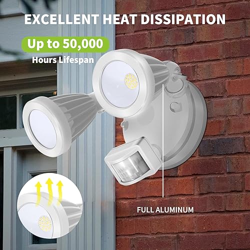 Miniatura 4 de Luces exteriores con sensor de movimiento de 2500 lúmenes, luz de inundación al aire libre con doble cabeza, 5000 K, todo el material de aluminio,