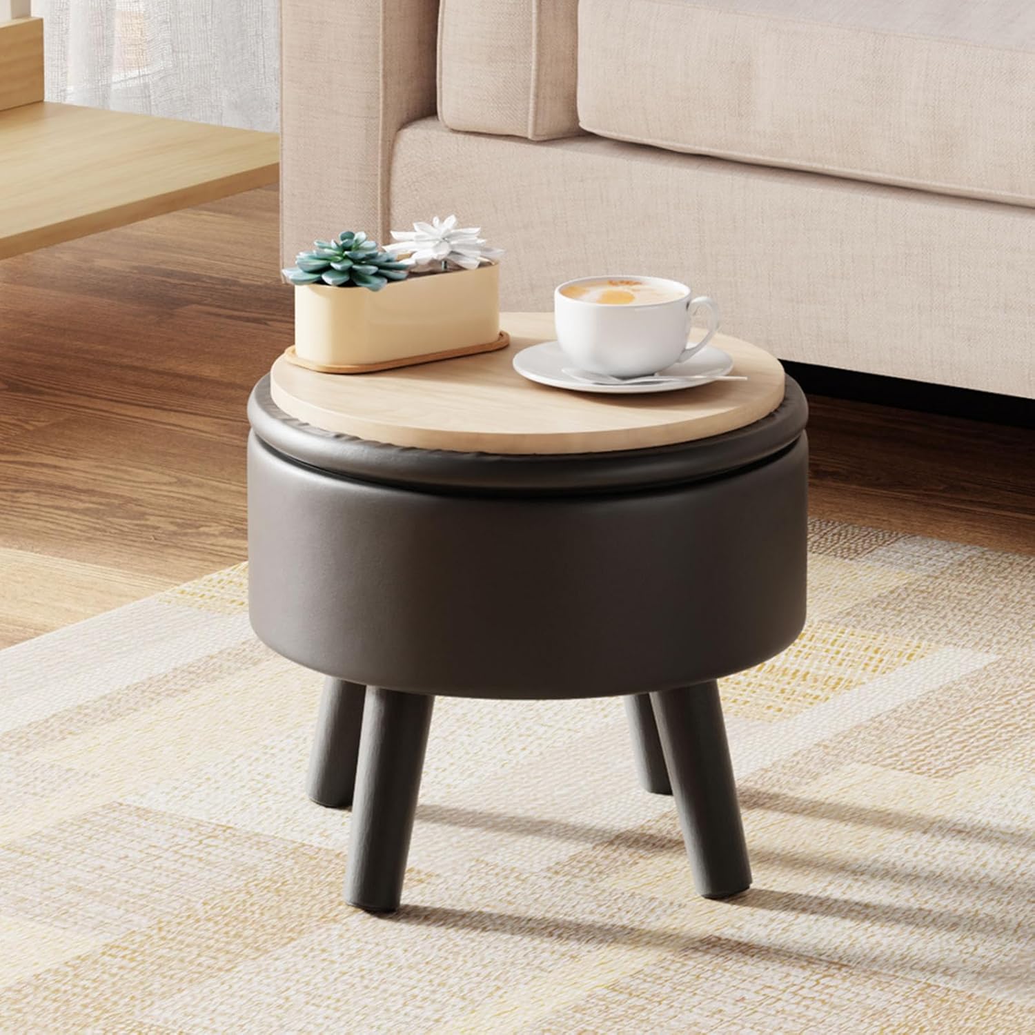 Small Foot Stool Ottoman with Storage, Faux Leather Ottoman Foot Rest for Couch, Round Footstool Ottomans for Living Room (Black)