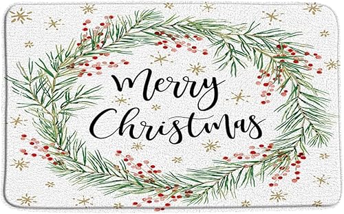 Tapete de baño de Navidad con diseño de corona de Navidad, pino, bayas y copos de nieve, feliz año nuevo, invierno, vacaciones, tapete de baño