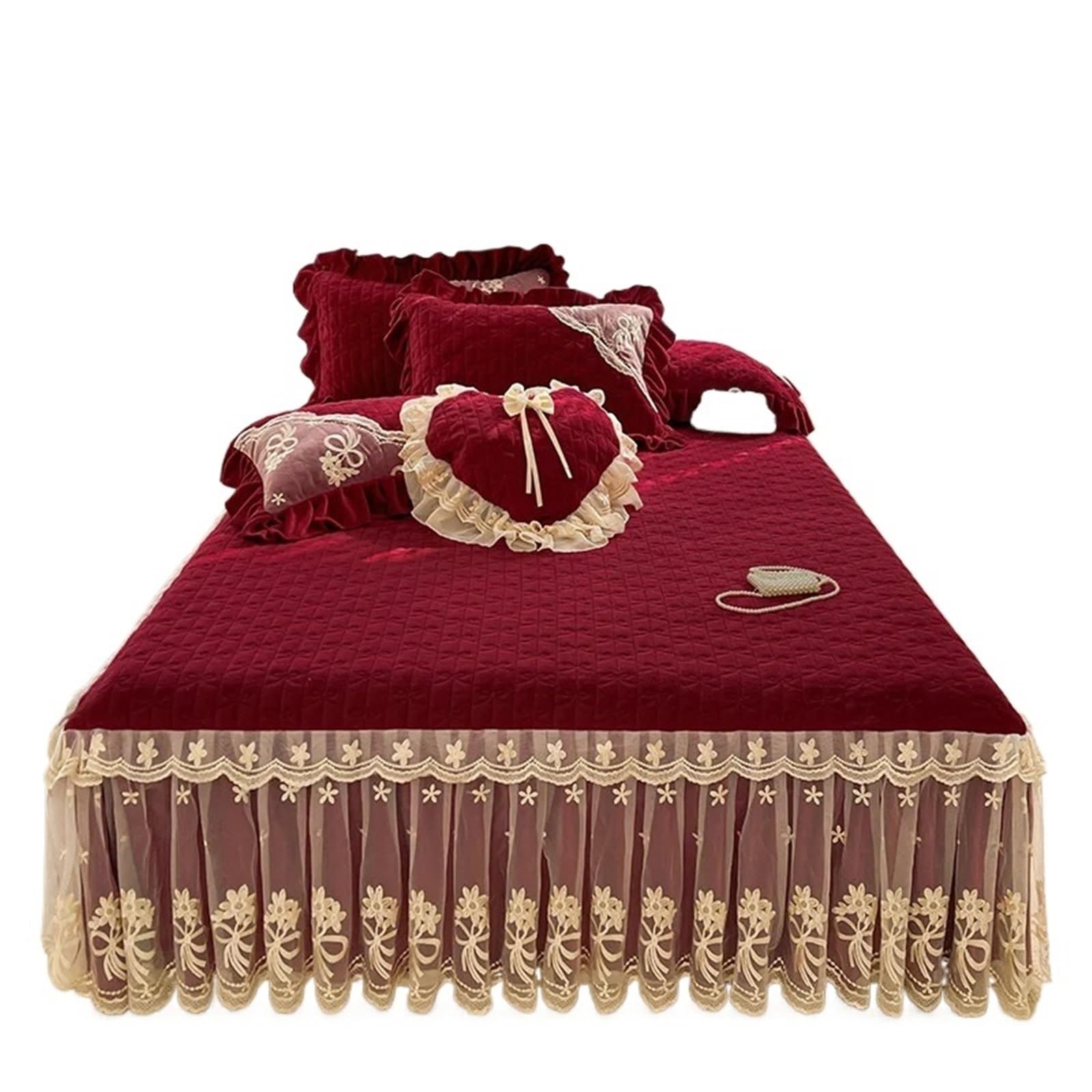 3/6Pcs Thickened Crystal Velvet Bed Skirt, Flowers Lace Embroidery Sheet, Bedspread, Quilted Cover, Pillowcases(Burgundy red,180X220cm 6pcs)