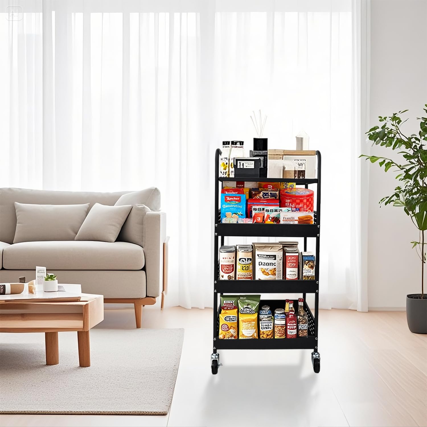 4-Etagen-Rollwagen aus Metall, abschließbare Räder, schwarz | Platzsparender Schwerlast-Rollwagen für Beauty, Basteln, Bücher, Tee, Kunst, Gemüse+Snacks, ideal für Bad, Küche, rollbar.