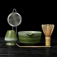 Conjunto de 5 peças de matcha verde gradiente - tigela de cerâmica, chasen de bambu, suporte, colher e peneira para entusiastas da cerimônia do chá, conjunto de batedor matcha para amantes de chá