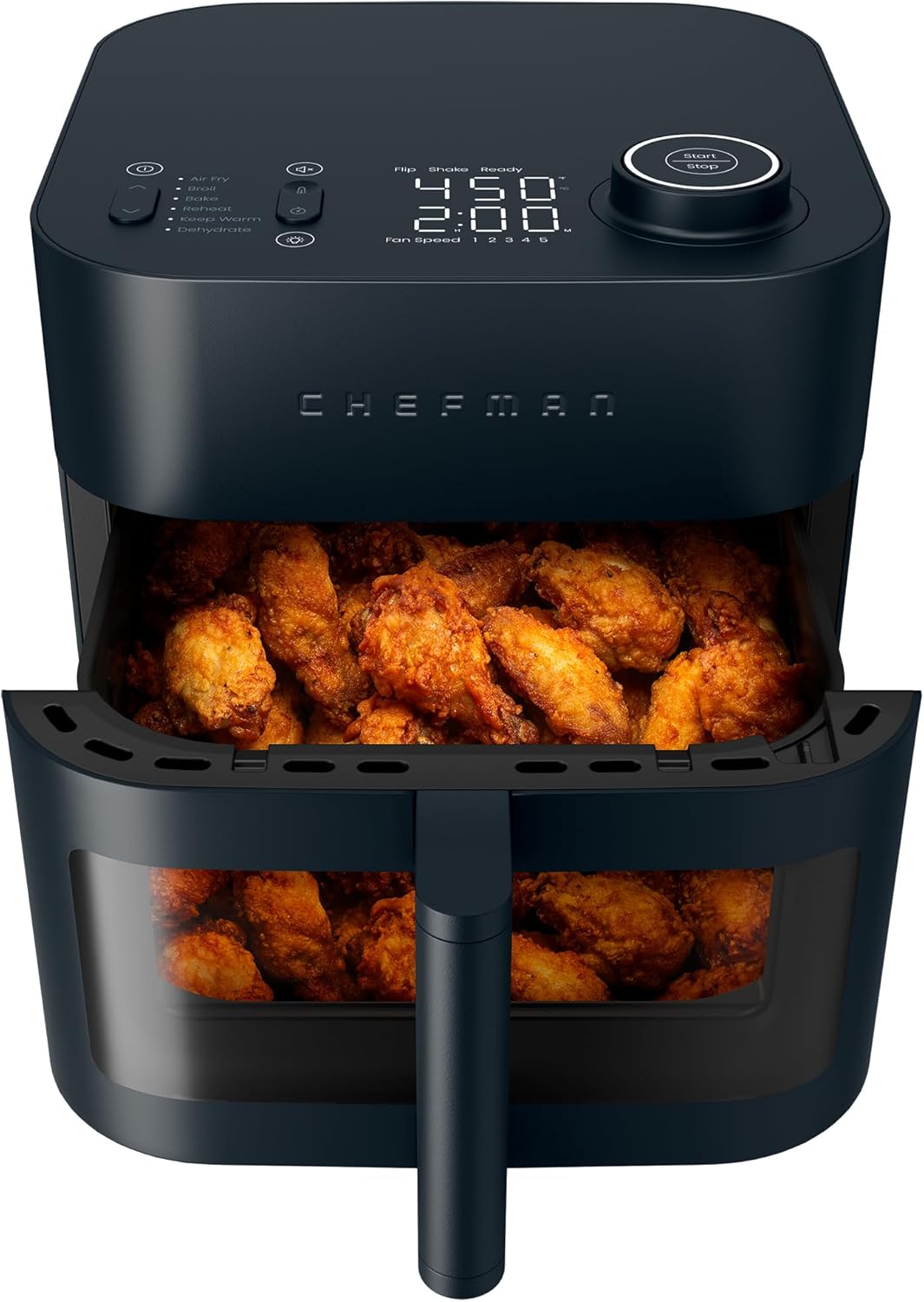 Chefman Crispinator Air Fryer 6-in-1 with 8 Qt capacity, 450°F Max Temp with TurboFry Pro Technology for Fast and Even Results, Viewing Window, Nonstick Ceramic Basket, 10-Pc Liner Starter Pack 8 Quart Midnight