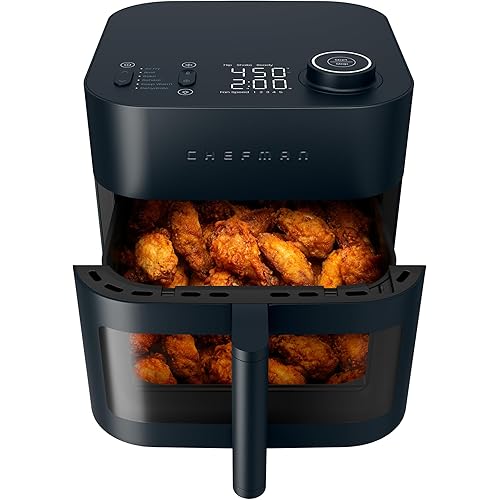 Chefman Crispinator Air Fryer 6-in-1 with 8 Qt capacity, 450°F Max Temp with TurboFry Pro Technology for Fast and Even Results, Viewing Window, Nonstick Ceramic Basket, 10-Pc Liner Starter Pack