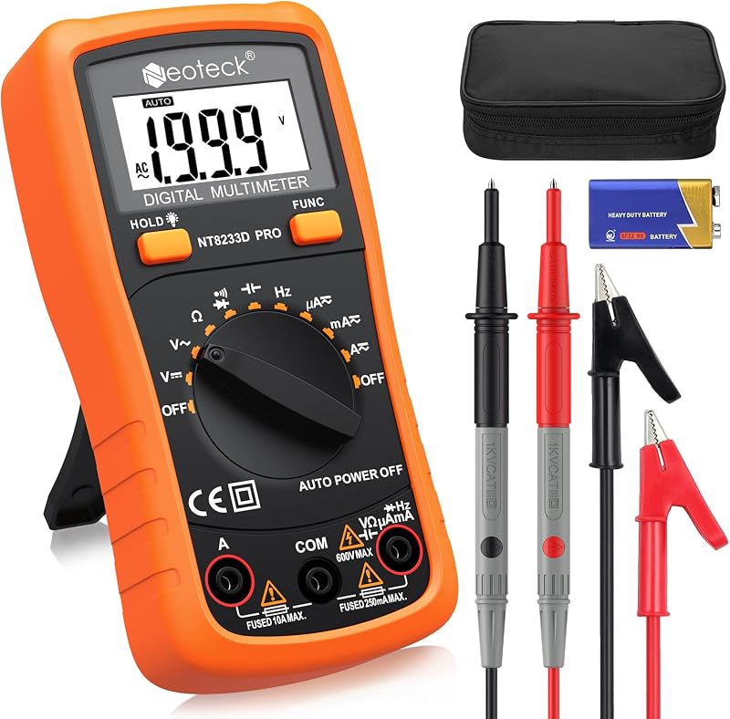 Auto-Ranging Digital Multimeter with Backlit LCD,2000 Counts | Measures AC/DC Voltage/Current Resistance Capacitance Frequency Diode Continuity; includes Test leads for Automotive-Orange