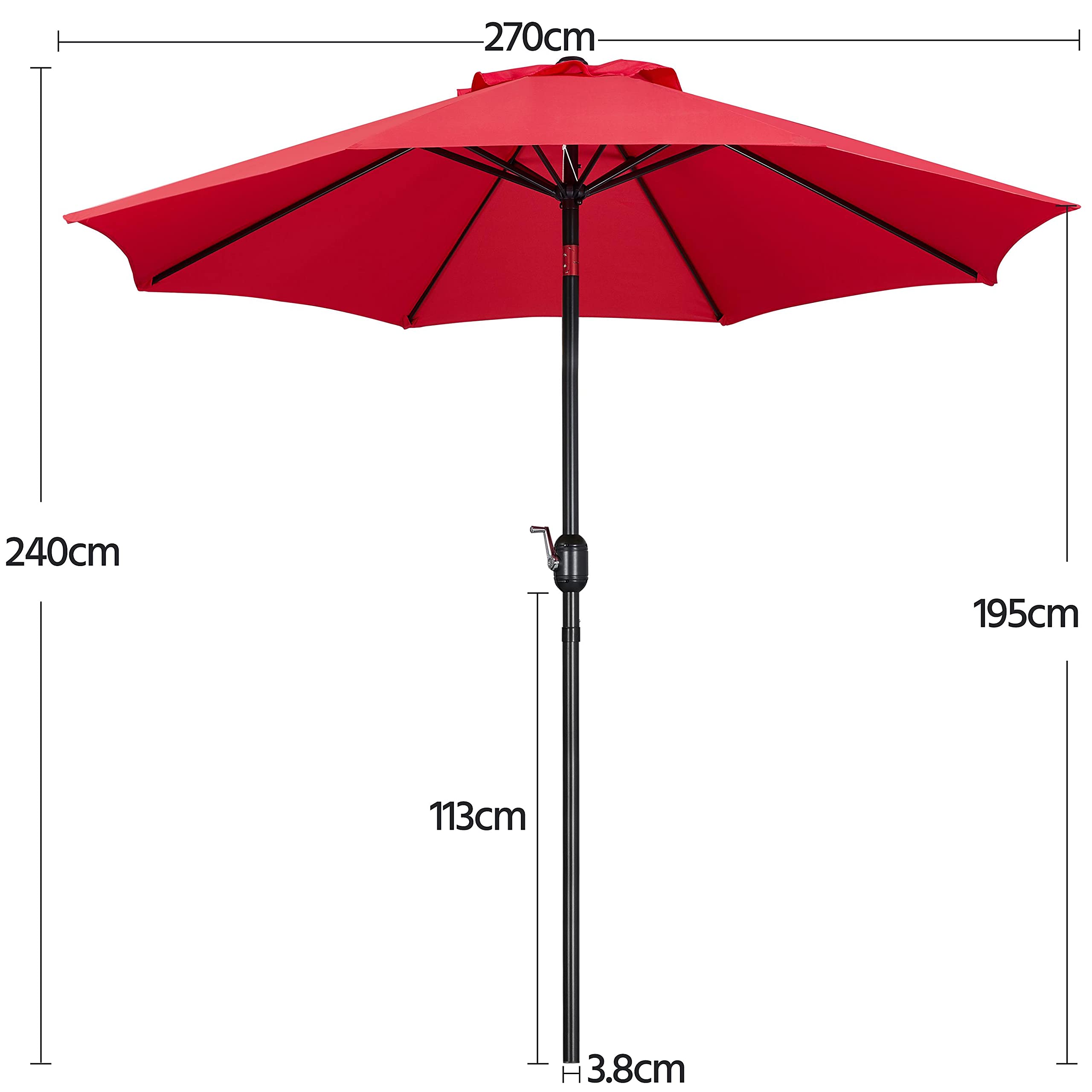 Yaheetech Sonnenschirm Ø 270cm Rund Balkonschirm mit Kurbel, Rot | Terrassenschirm mit 8 Rippen, Neigungsverstellung & Stabilen Metallstreben für Sonnenschutz für Balkon/Terrasse/Markt/Garten