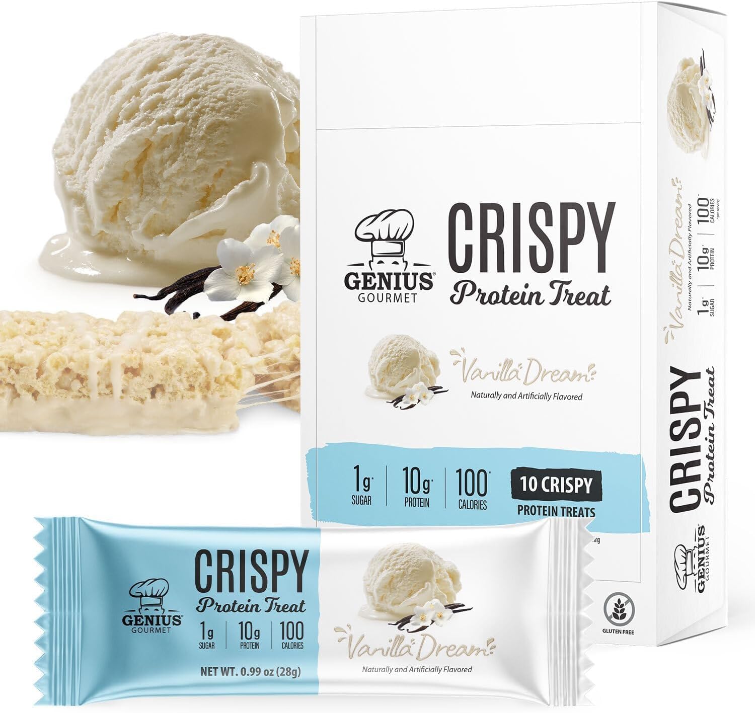 Crispy Protein Treat, Vanilla Dream, Keto Snack, Low Carb, Low Sugar & Gluten Free, Protein Snacks for Adults, 10G of Whey Protein per Protein Bar, 5 Net Carbs, On The Go Snack, 10 CT
