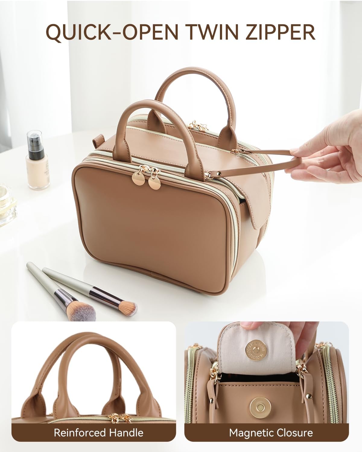 Prite Travel Makeup Bag Women’s Large Capacity Waterproof Cosmetic Organizer Portable Open Flat Toiletry Case with Free-standing Brush Holder and Handle(Brown Large) - Image 5