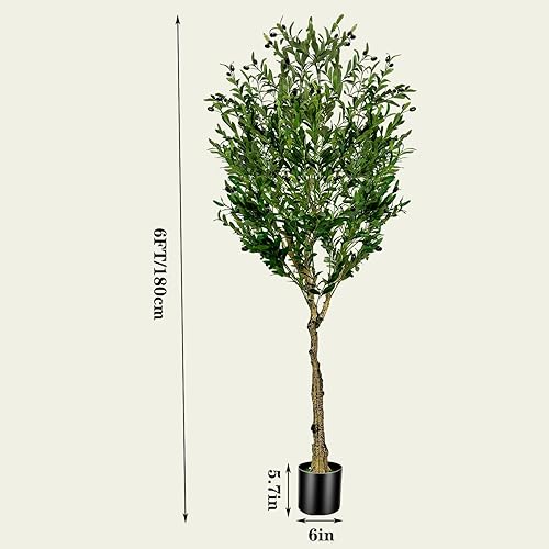 Miniatura 3 de Árbol de olivo artificial de 6 pies, olivo sintético para interiores con hojas de seda realistas, tronco, frutos, olivo falso en maceta para
