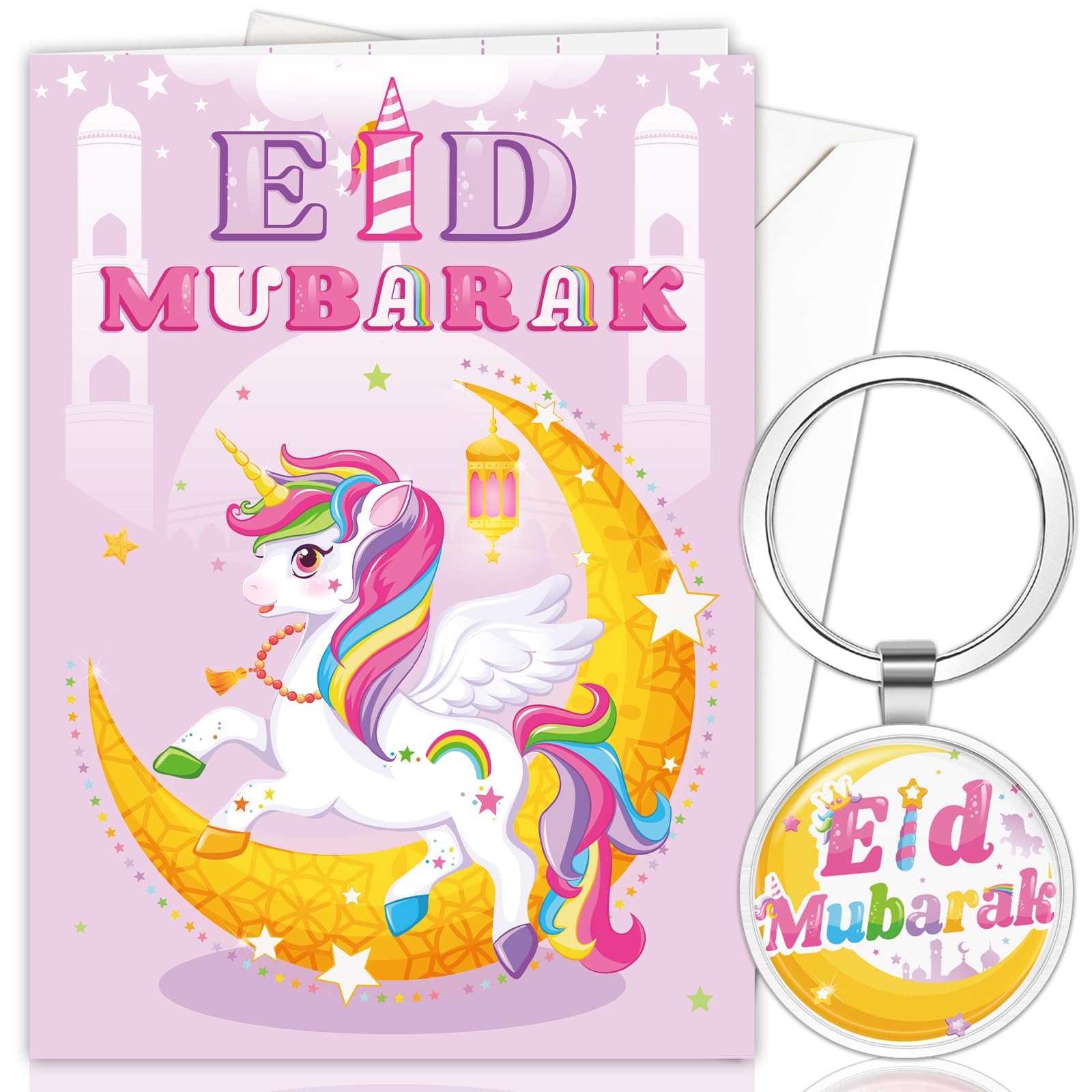 DPKOW Unicorn Eid Mubarak Card with Envelope, Eid Gift for Kids Unicorn Eid Mubarak Keyring