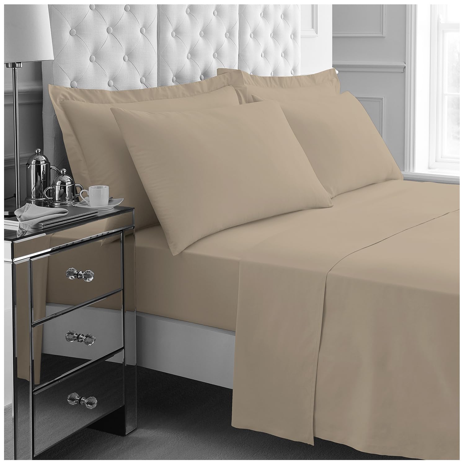 GC GAVENO CAVAILIA 4Pieces Hotel Quality Sheet Set Double - 100% Polyester Bedding - Includes Fitted Sheet, Flat Sheet & Pillowcases - Wrinkle & Fade Resistant, Everyday Home Use - Natural