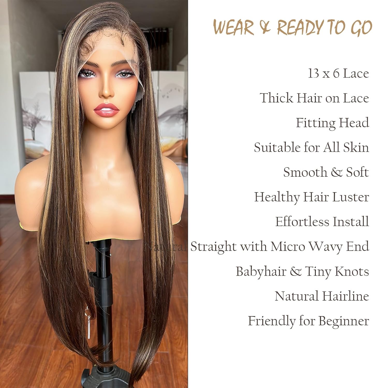 13x6 Lace Front Wigs Honey Blonde Hightlight Fashion Glueless Wig Pre-layered 30 Inch Long Straight with Wavy End HD Lace Free Part Frontal Wig Pre Plucked with Babyhair Tiny Knots Lace Part