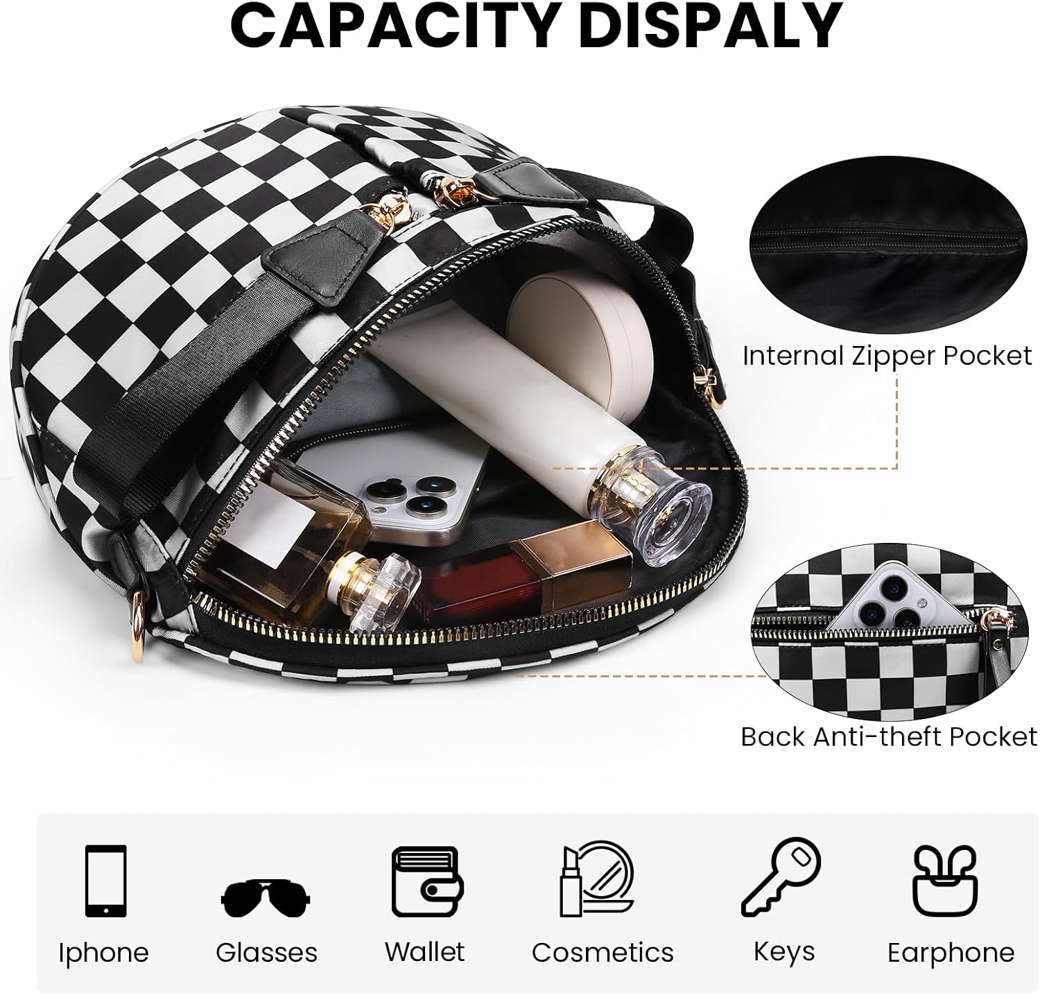 hibear Checkered Crossbody Bag Spacious Bum Bags for Women Nylon Crossbody Fanny Packs Checkered Purse Belt Wallet - Image 3