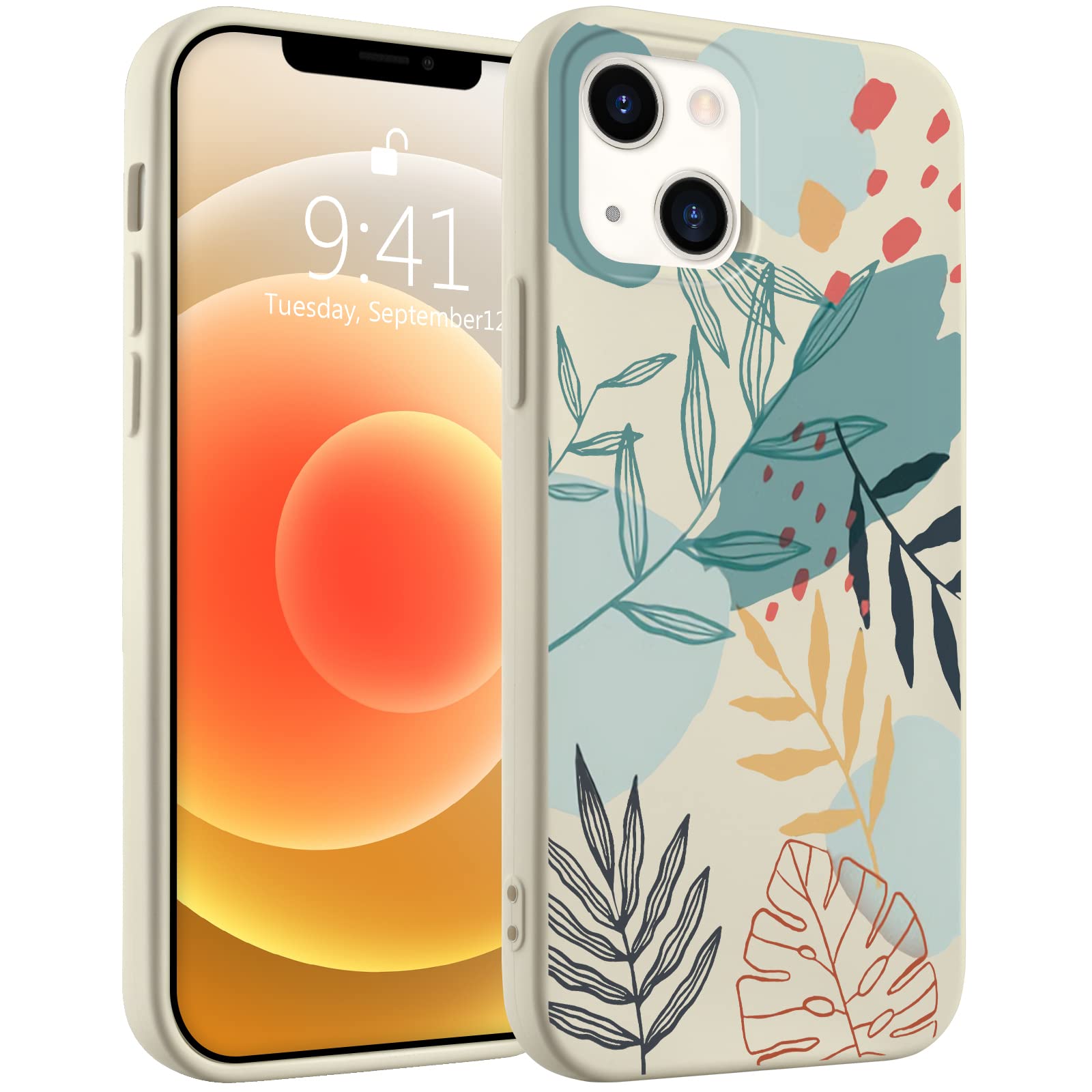 IdocolorsCute Leaf Phone Case Compatible with iPhone 13 Pro Max,White Liquid Silicone Girly Plant Printted Case,Soft Gel Rubber Full-Body Protective Microfiber Lining Shockproof Cover