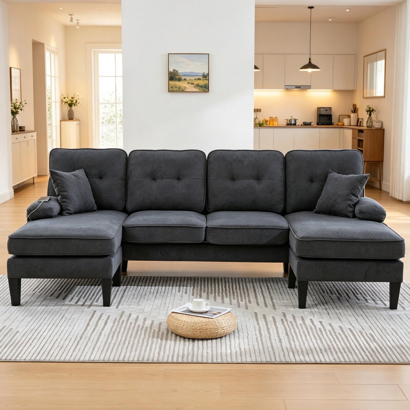 Canapé en U à 4 Places,Canapé d'angle en Forme U,Ports USB & Type-C,Poche Latérale,Structure en Bois Massif avec Coussin,Meuble de Salon Moderne,Lin