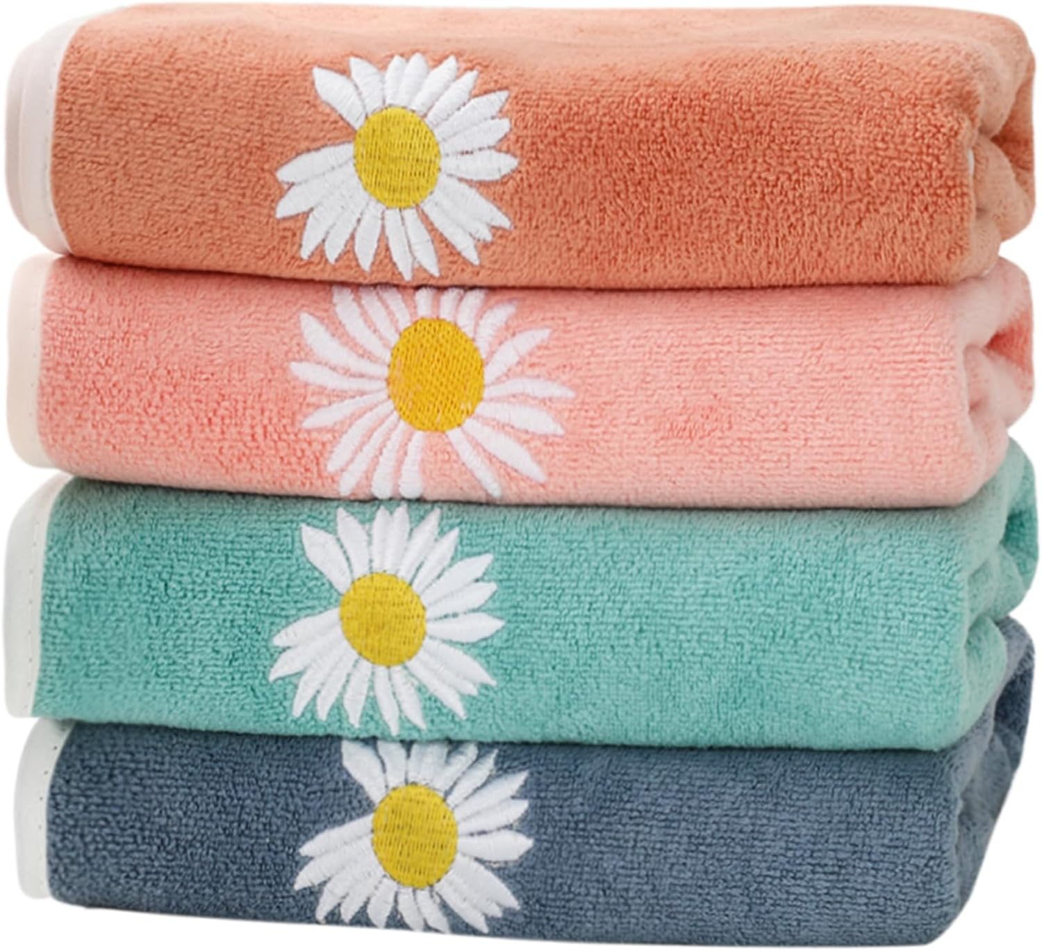 4Pcs Daisy Hand Towels for Bathroom Cotton Soft Spring Flower Face Towel Absorbent Colorful Floral Embroidered Decorative Dish Bath Towel for Bathroom Kitchen, 29.5 x 13.8 Inch