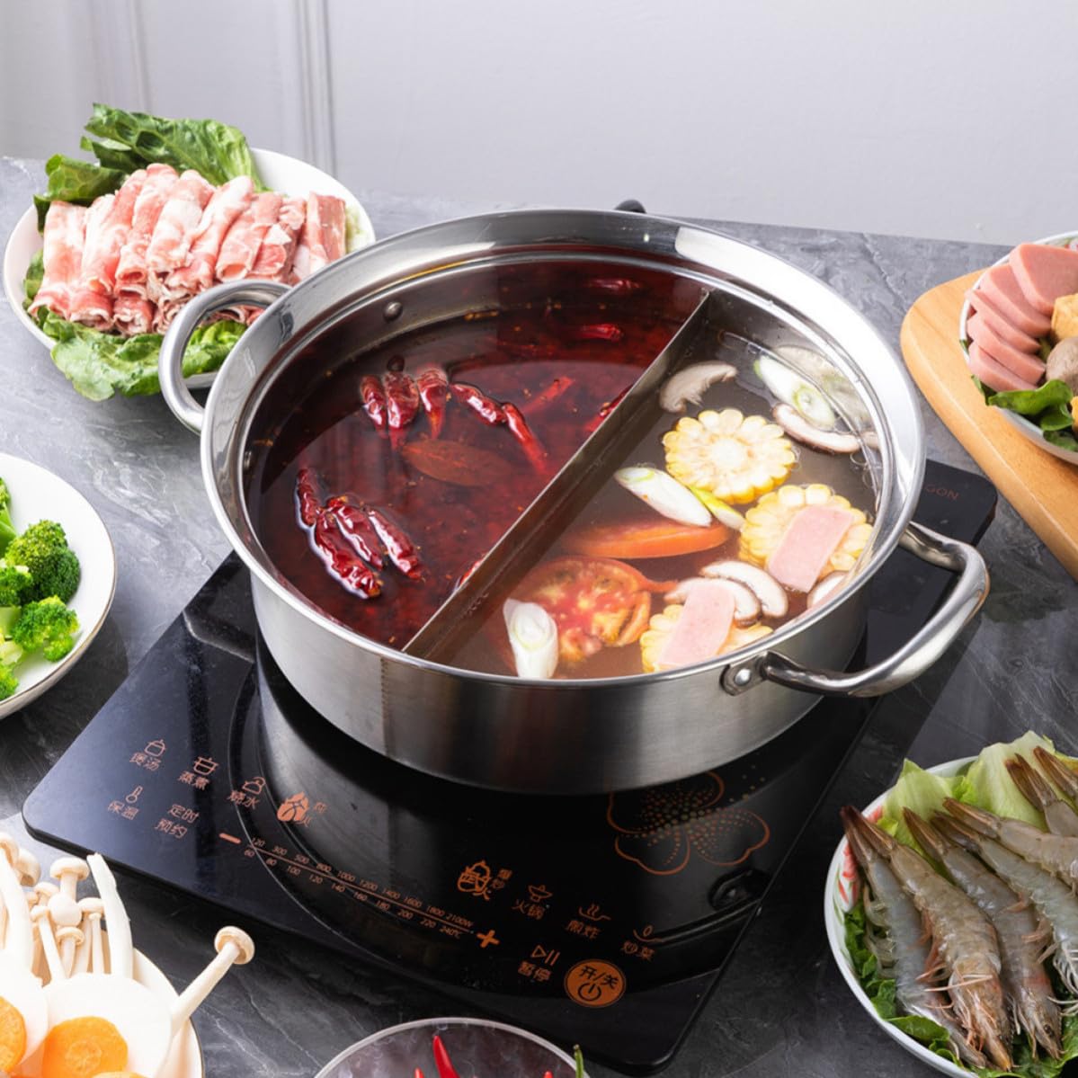 Pentola per Shabu in Acciaio Inossidabile 304 Design a Griglia e Manico Termoisolante, Adatta per Cucina Domestica e Piani Cottura a Induzione