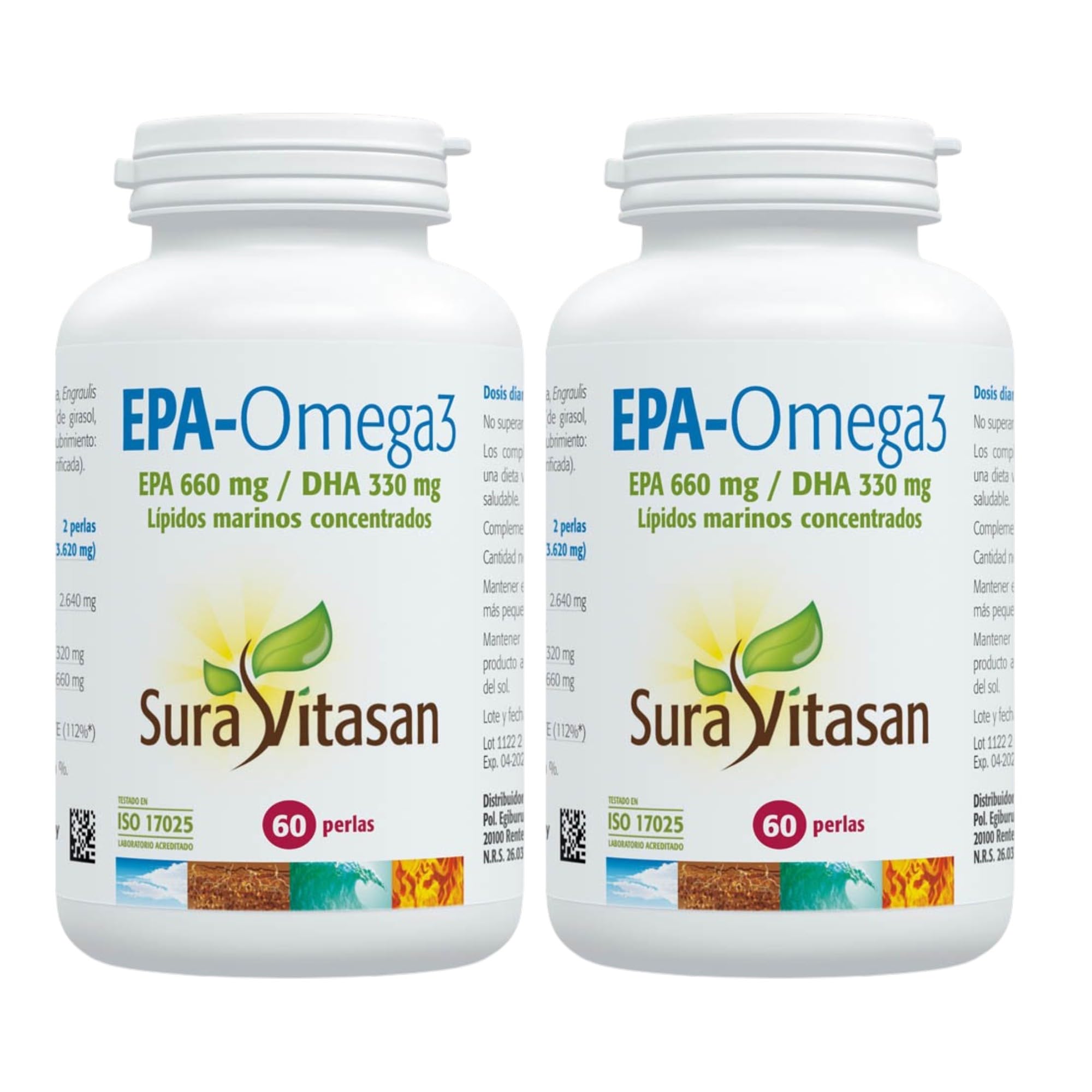 SURA VITASAN EPA-Omega 3 Pack de 2 (120 Perlas) | Alta Concentración 660 mg EPA y 330 mg DHA para Salud Cardiovascular, con Aceite de Pescado Salvaje de Grado Farmacéutico