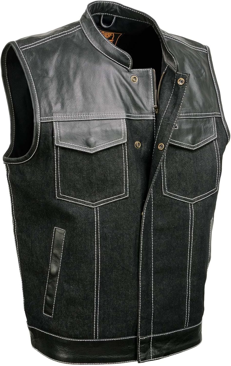 Milwaukee Leather MDM3006 Men's 'Brute' Black Denim and Black Leather Club Style Vest w/Hidden Dual Closure
