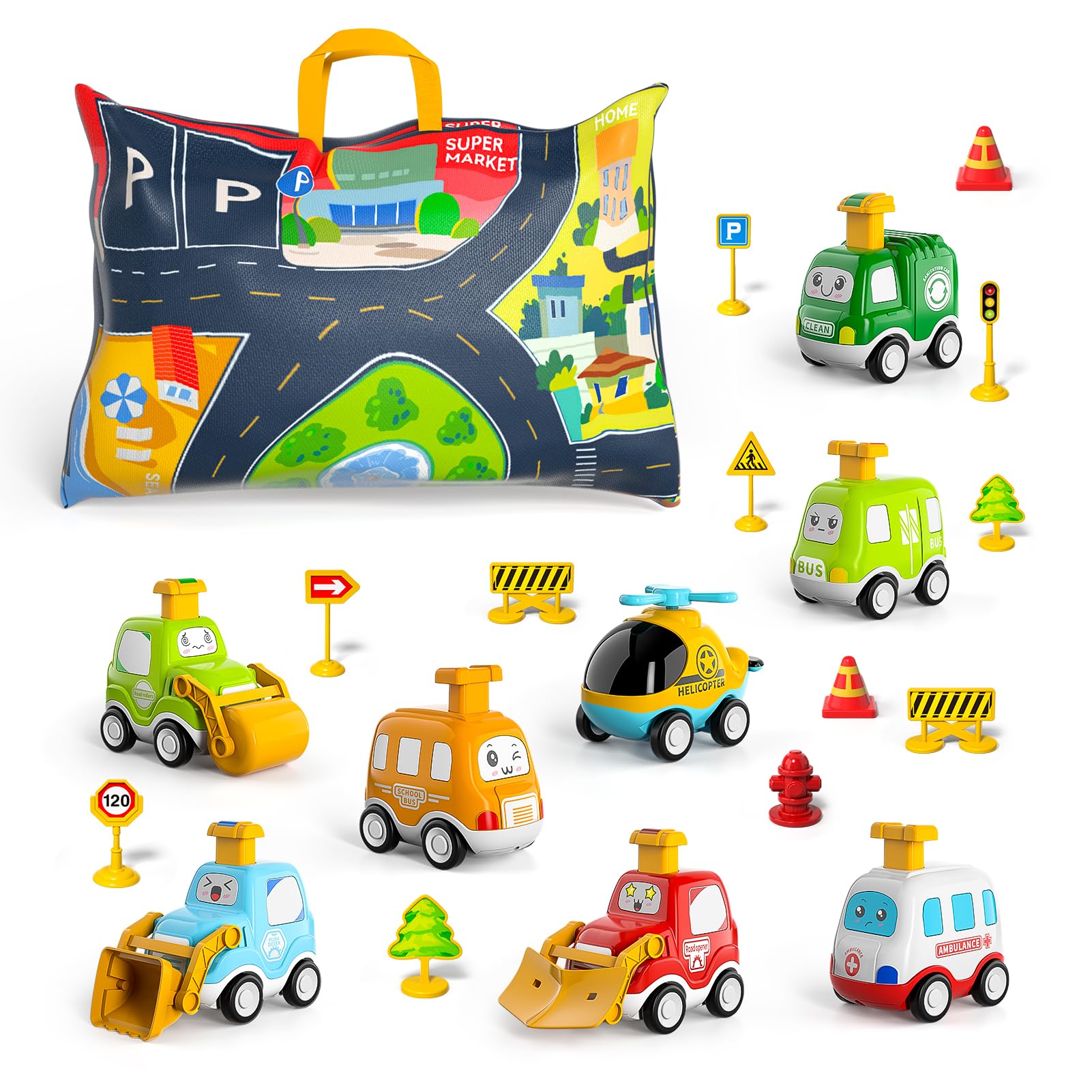 BennolToy Cars for Toddlers 1-3, 8 Pieces Push Cars for Toddlers 1-3 Boys Babies and Playmat Storage Bag Set, Infant Toys for 1 2 3 Years Old Boys Babies Toddlers Birthday Gifts