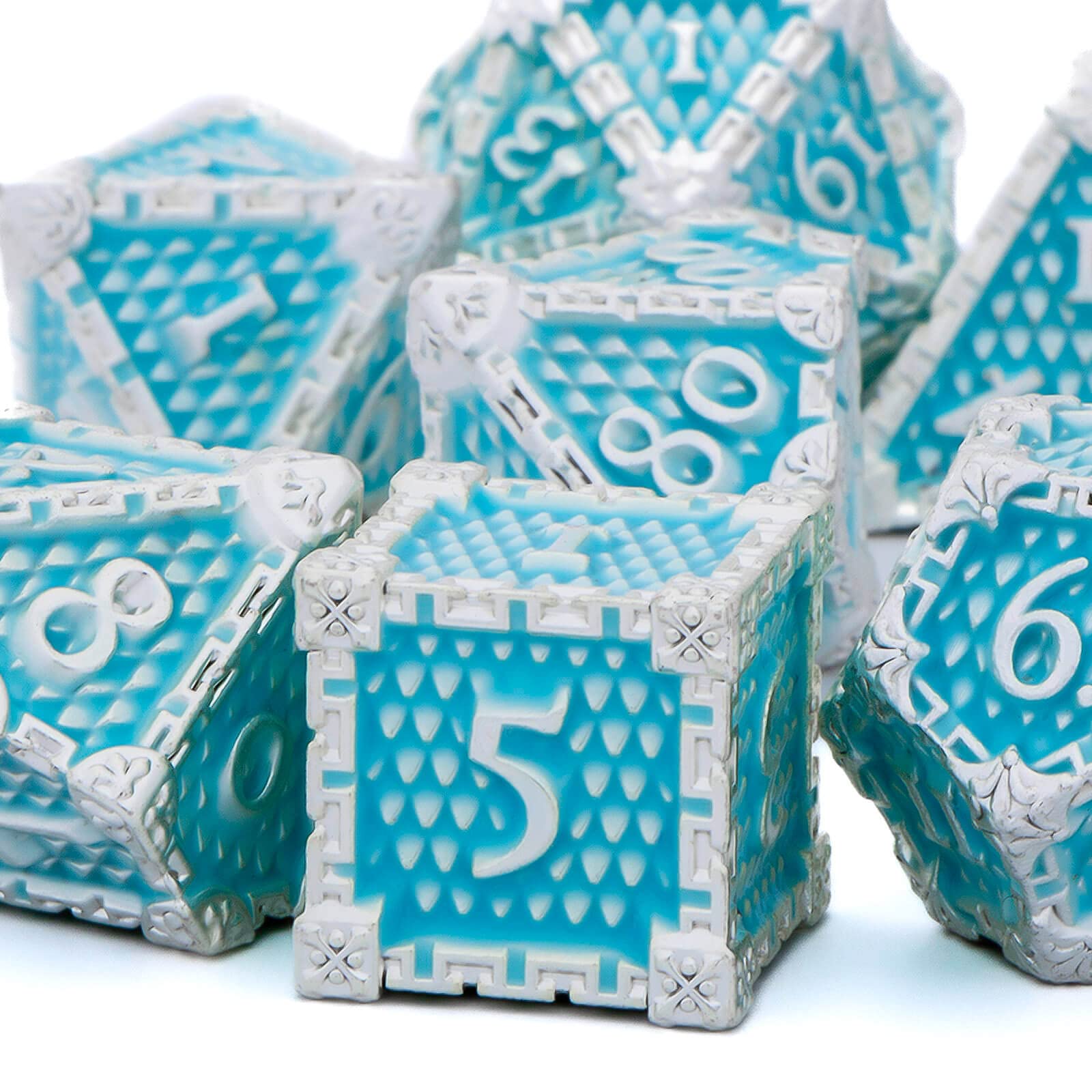 KERWELLSI Metal D&D Dice Set, Blue, 7 Pcs Polyhedral RPG Dice, D20 D12 D10 D8 D6 D4