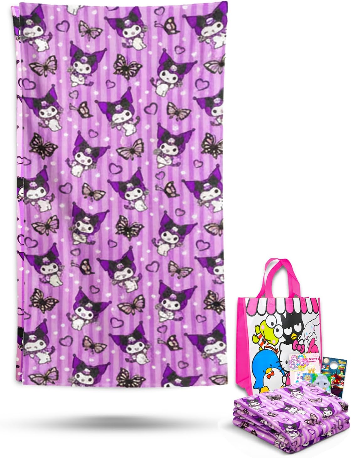 SANRIO Kuromi Beach Towel and Tote Bag Set - Bundle with a Microfiber Pool Towel, Hello Kitty and Friends Bag, Stickers, More | Towel for Kids and Adults