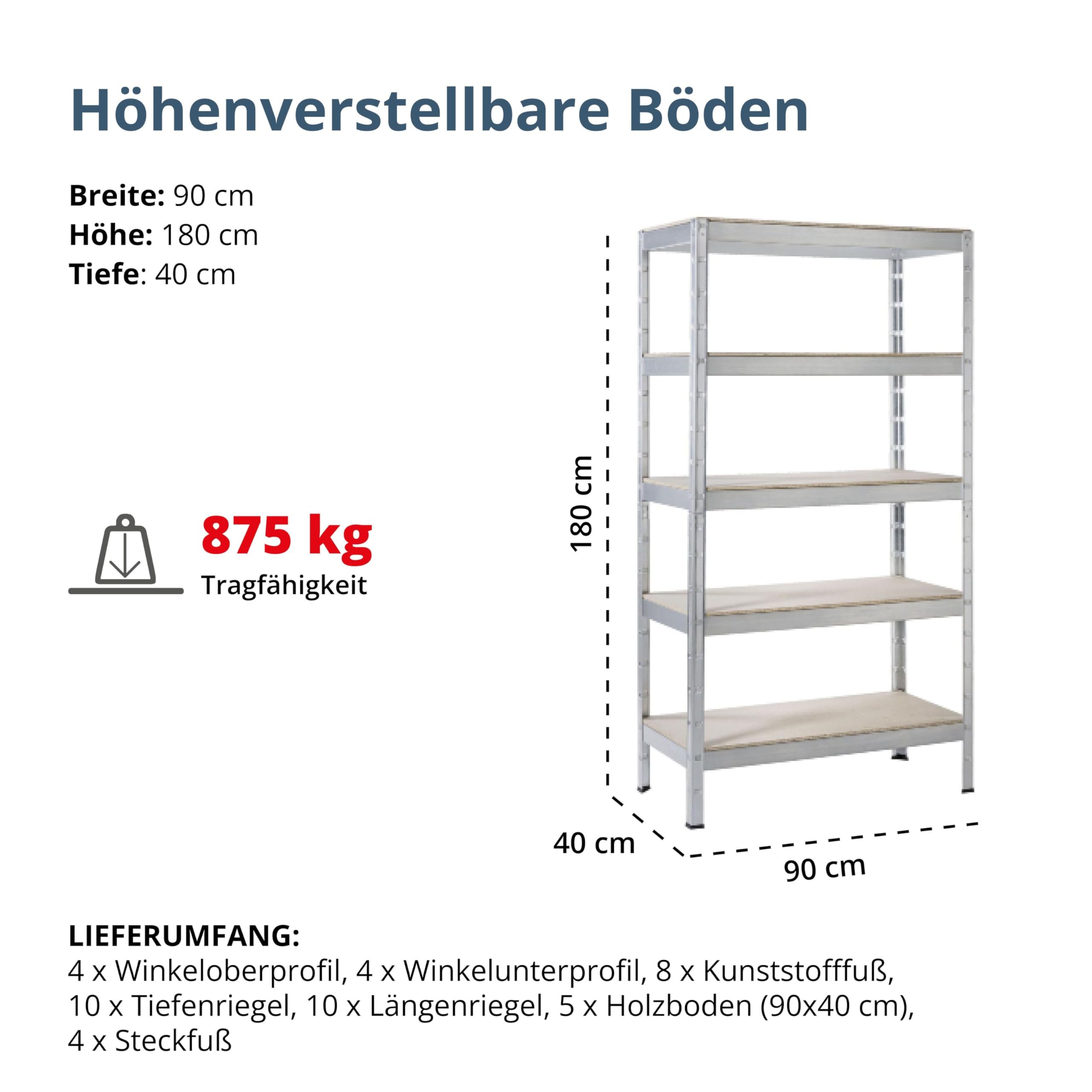 SCHULTE Regalwelt Schwerlastregal mit 5 Holzböden, 180x90x40 cm (HxBxT), Traglast pro Ebene ca. 175 Kg, verzinkt, Lagerregal, Kellerregal, Werkstattregal, Steckregal