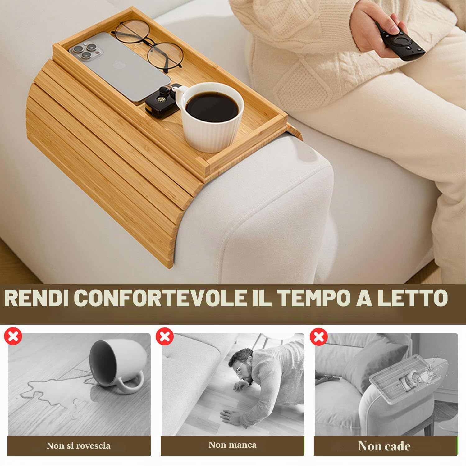 Vassoio per divano e divano, pieghevole, in bambù, antiscivolo, dire, tavolo per snack, tazze