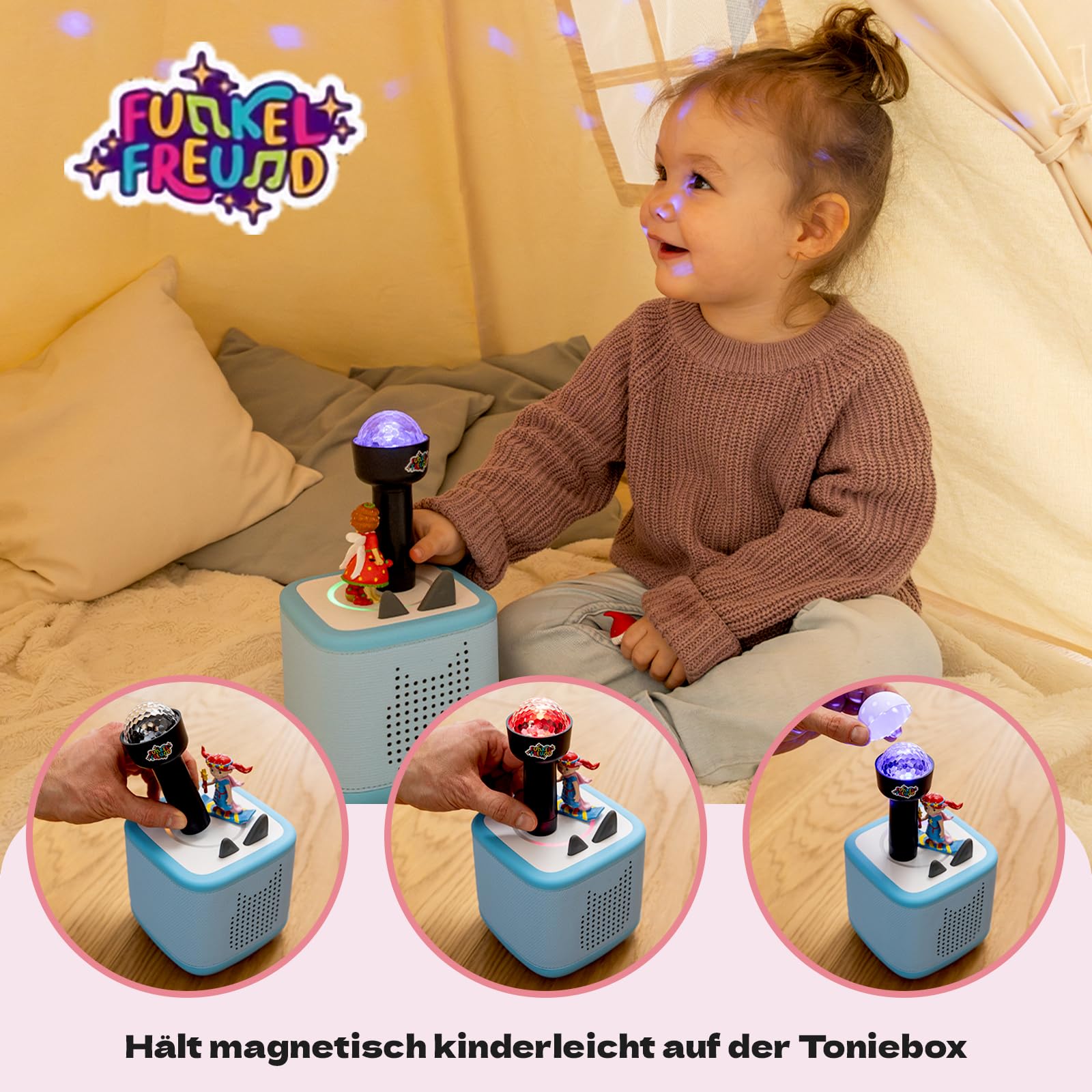 LED Licht für die Toniebox musikgesteuert | Kinderdisco & Nachtlicht | Kompatibel mit Toniebox 1 & 2 | Kabellos, Magnetisch, Ohne App | für Kinder ab 3 (Kinder-Diskolicht + Sticker)