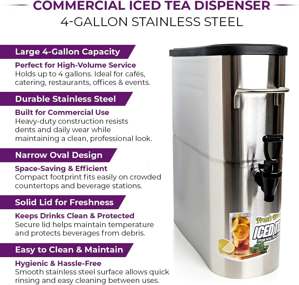 Commercial Iced Tea Dispenser 4-Gallon – Stainless Steel Narrow Oval Style Beverage Container with Solid Lid for Cafes, Catering & Restaurants – TQS CAFE
